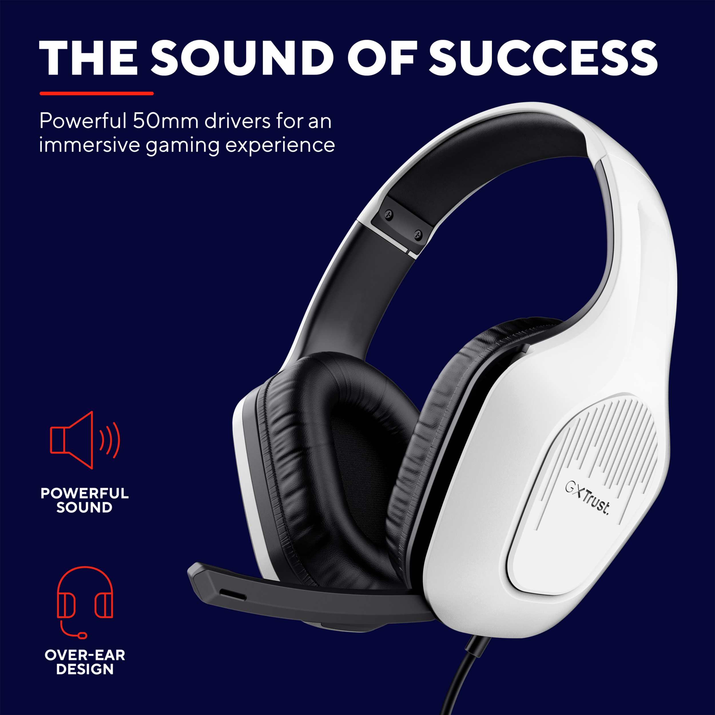 Casque de jeu blanc avec microphone noir. Texte inclut “THE SOUND OF SUCCESS” et “POWERFUL SOUND”.