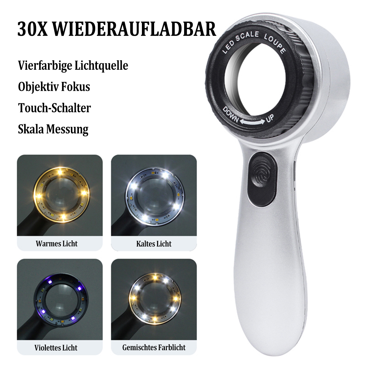 Lupe mit Lichtern und verschiedenen Lichteinstellungen.