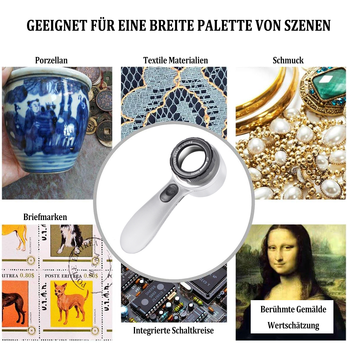 Verschiedene Artikel: Porzellan, Stoff, Schmuck, Briefmarken, integrierte Schaltkreise und ein Gemälde.