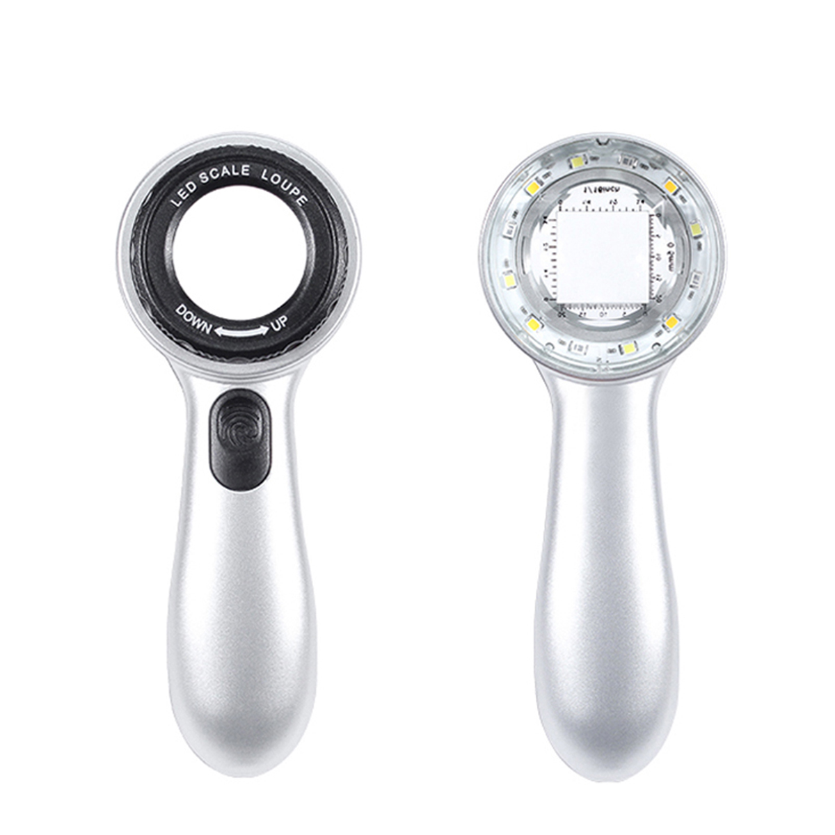 Zwei silberne LED-Lupe, eine offen, eine geschlossen, mit Licht und Linse.