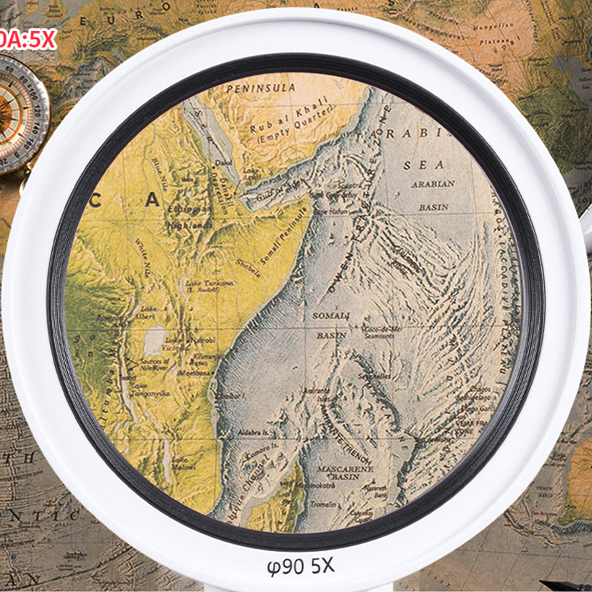 Lupe über einer Karte. Weißer Rahmen, schwarzer Rand. Karte zeigt Land, Meer und Beschriftungen.