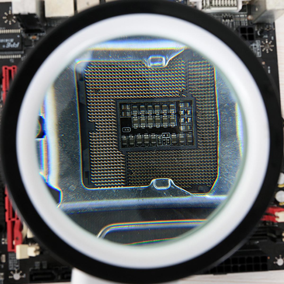 Nahaufnahme eines CPU-Sockels auf einem Motherboard durch eine Lupe betrachtet.