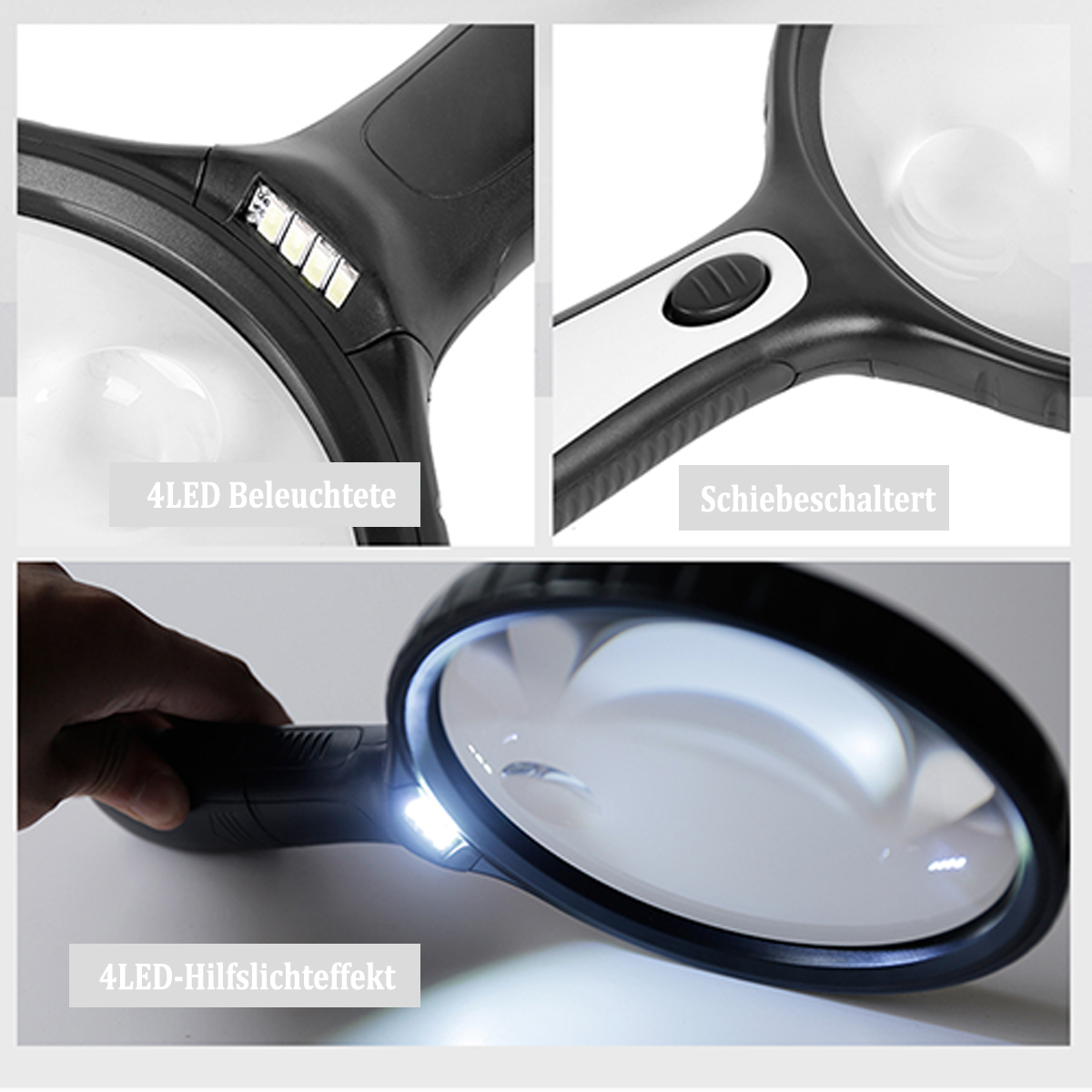 Nahaufnahmen einer Lupe mit LEDs. Text auf Deutsch beschreibt die Eigenschaften des Produkts.