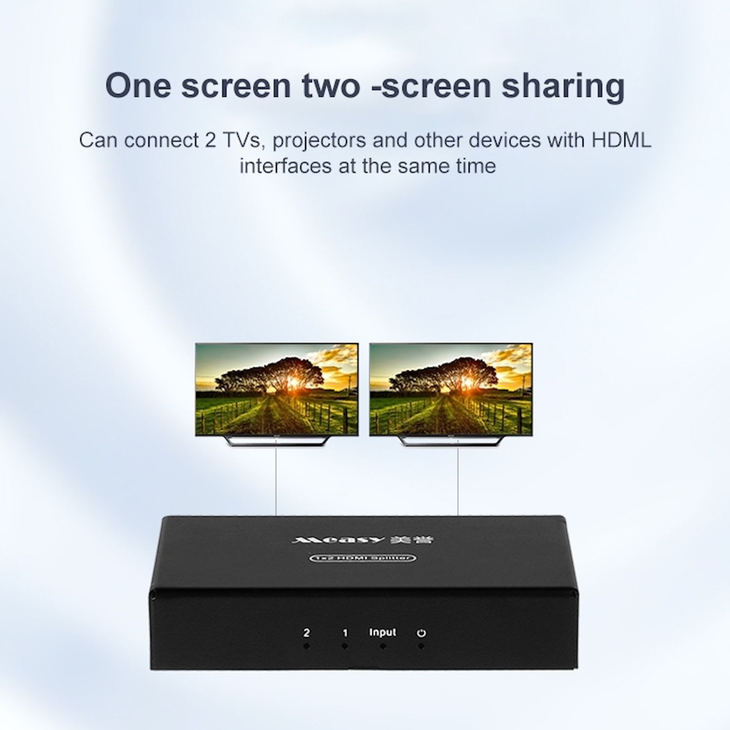 Schwarzer HDMI-Splitter mit zwei TVs, Landschaft auf hellblauem Hintergrund.
