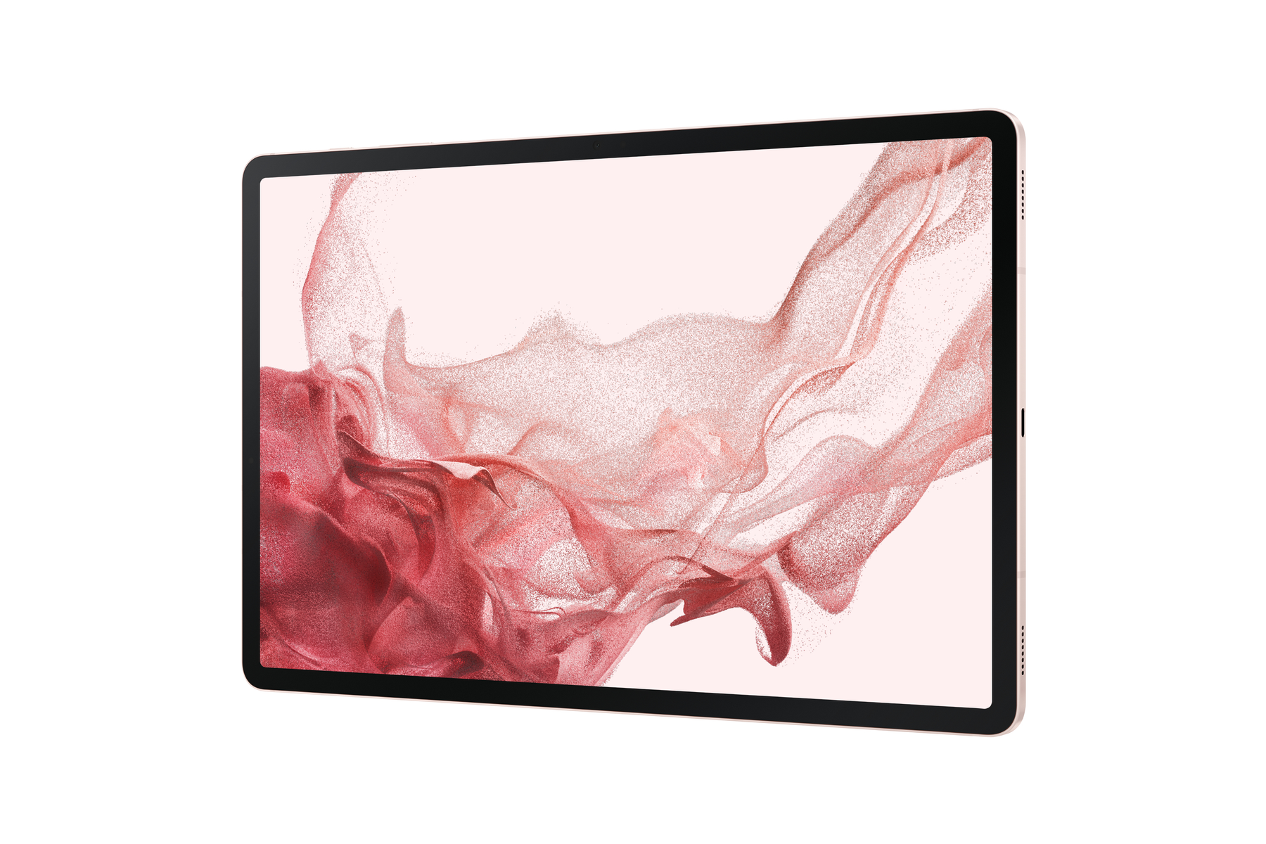 Tablettbildschirm mit rosa und rotem abstraktem Design. Schwarzer Rahmen und weißer Hintergrund.
