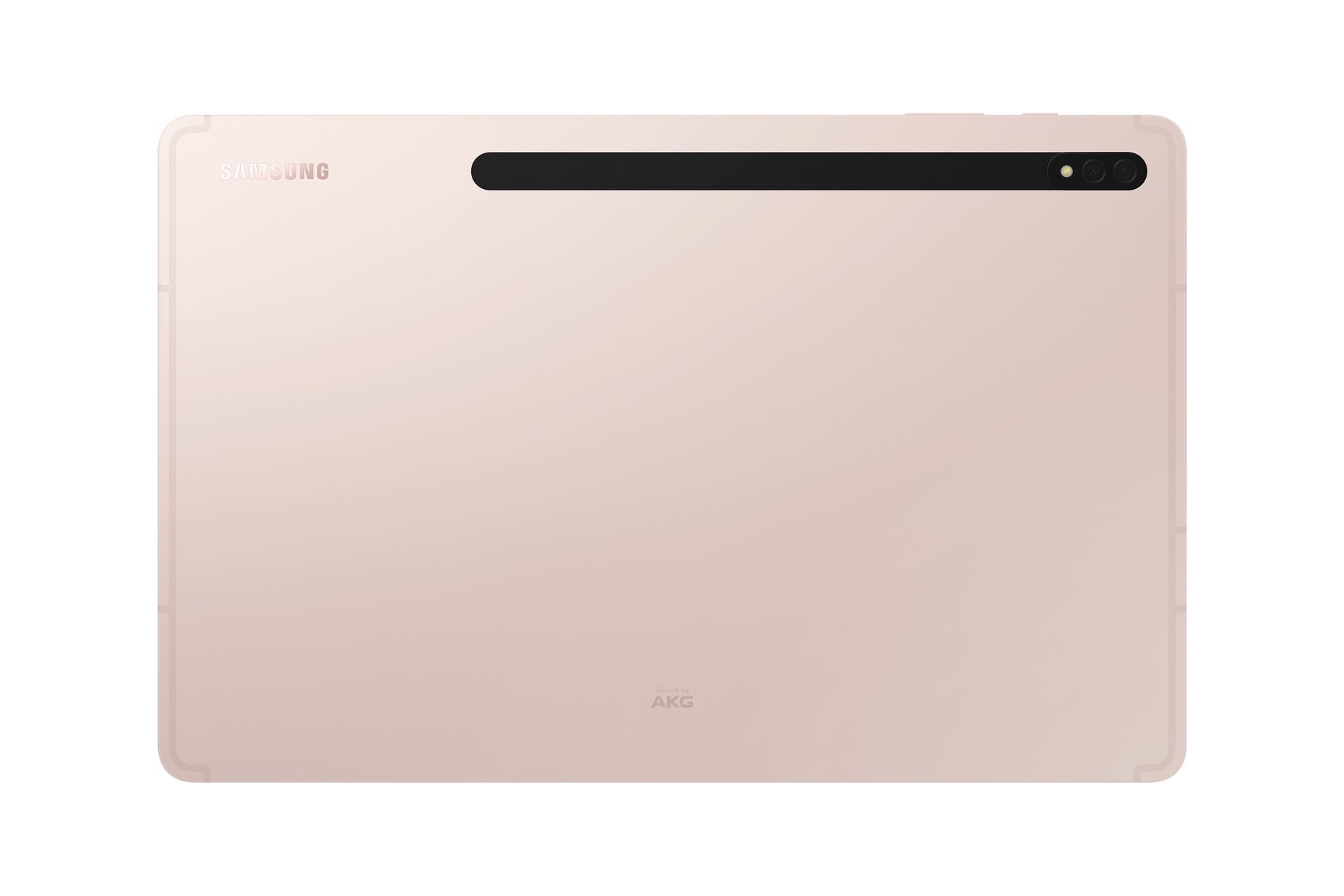 Rückansicht eines rosa Tablets mit schwarzer Kameraleiste. Samsung- und AKG-Logos sichtbar.