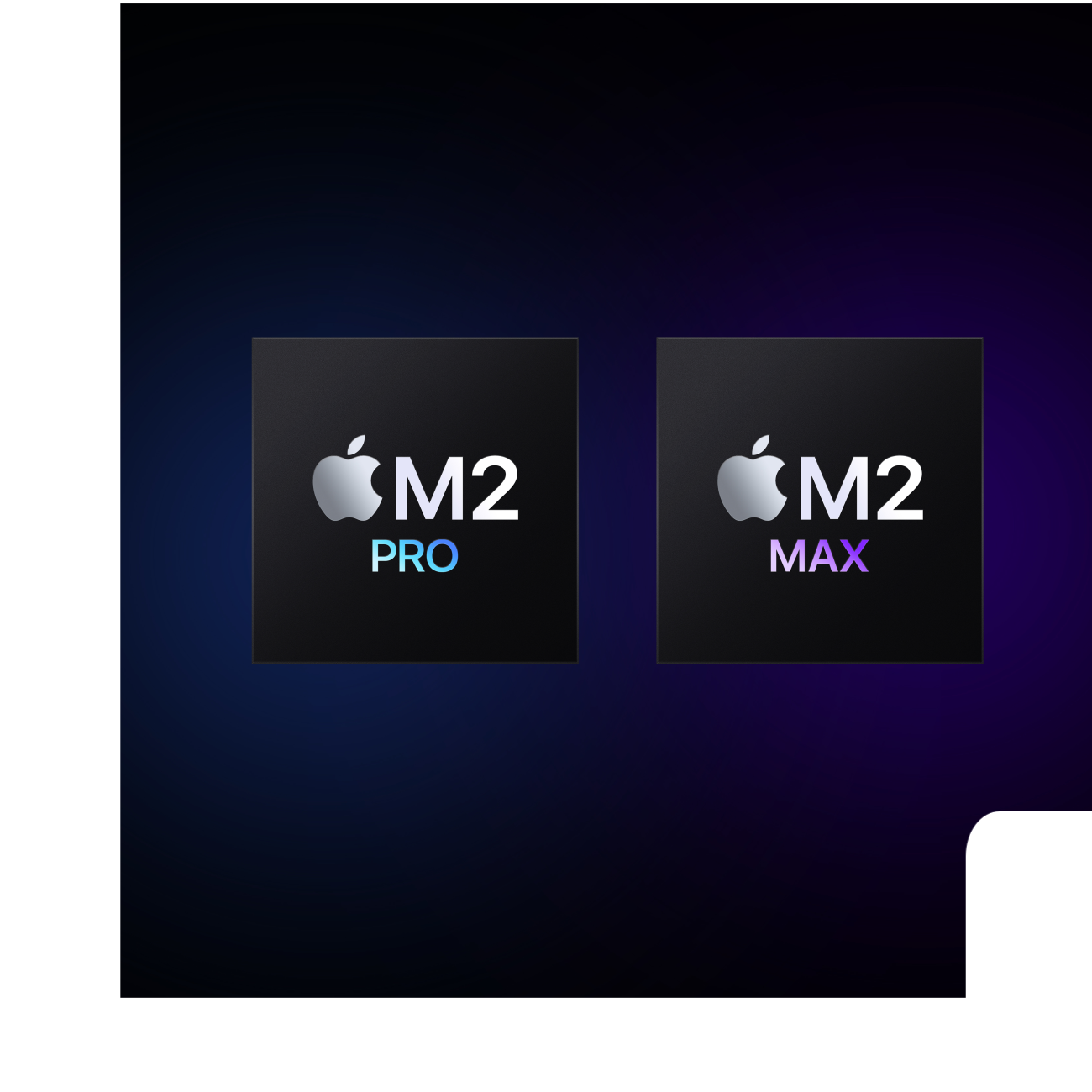 Zwei schwarze Quadrate mit Apple-Logos, beschriftet mit M2 PRO und M2 MAX, auf einem Farbverlauf.
