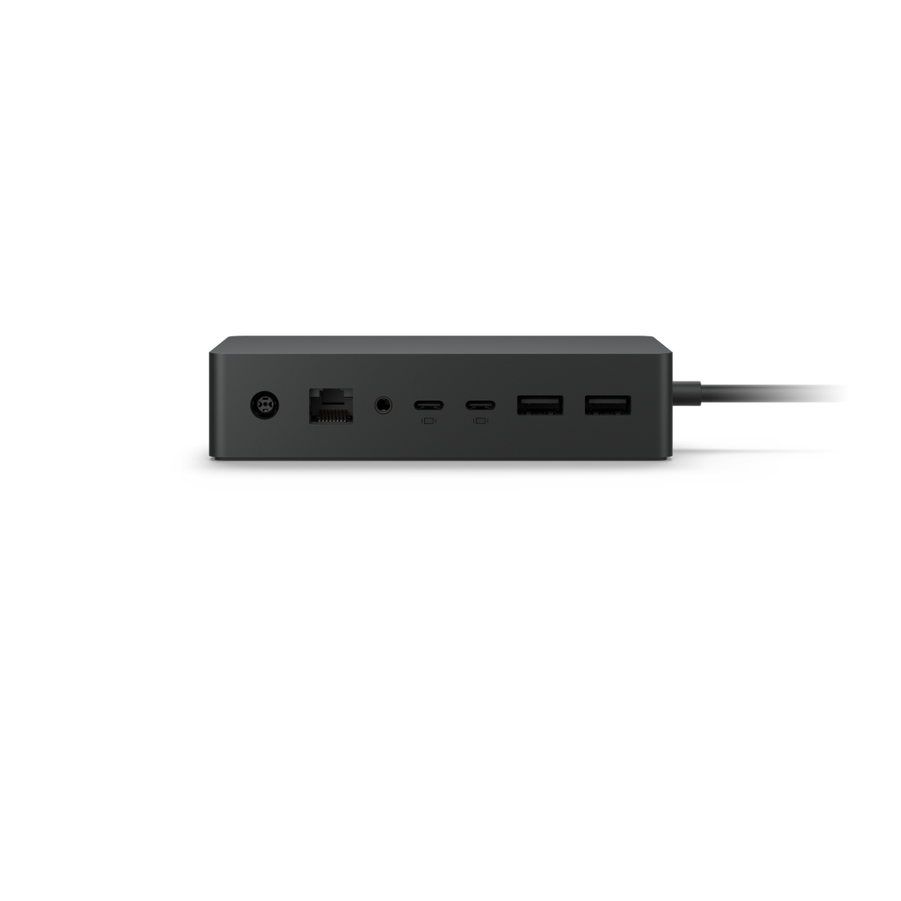 Adaptador multipuerto negro con varios puertos. Fondo blanco.