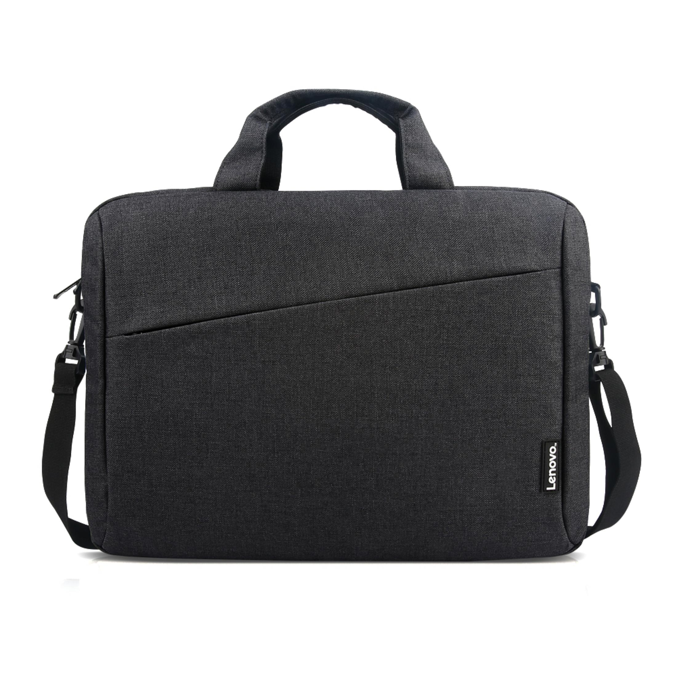 Borsa per laptop Lenovo nera con manico e tracolla. Ha una tasca frontale e logo bianco.