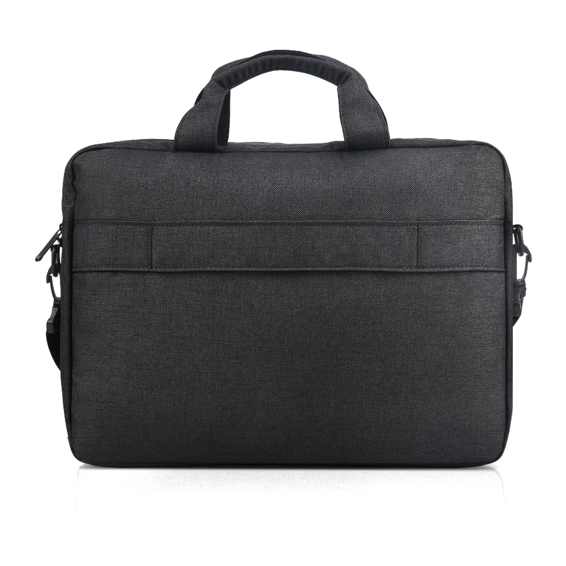 Una borsa per laptop nera con manico, tracolla e chiusura a cerniera su sfondo bianco.