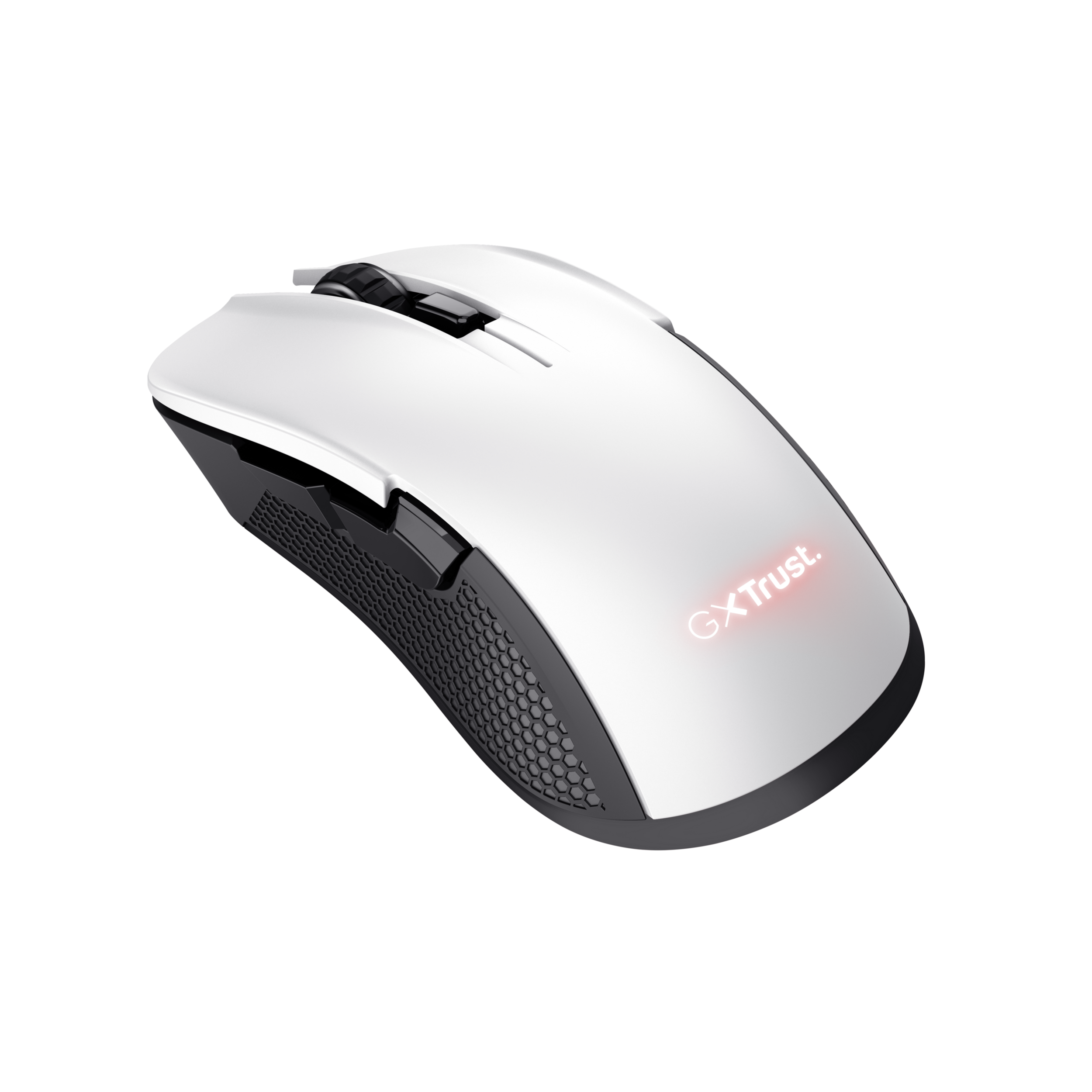 Biała mysz gamingowa z czarnymi akcentami, czerwone logo, na ciemnym tle.