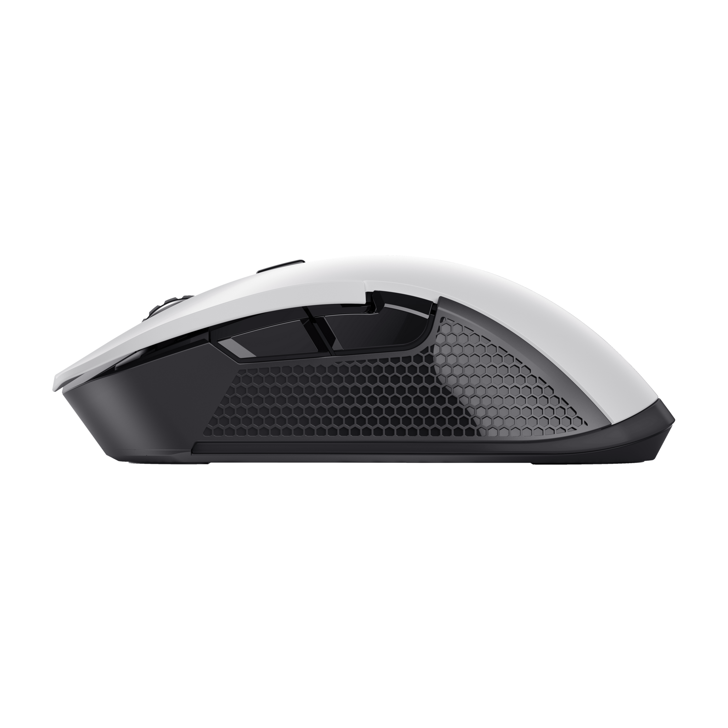 Biało-czarna mysz do gier. Ma strukturę plastra miodu z boku i czarny spód.