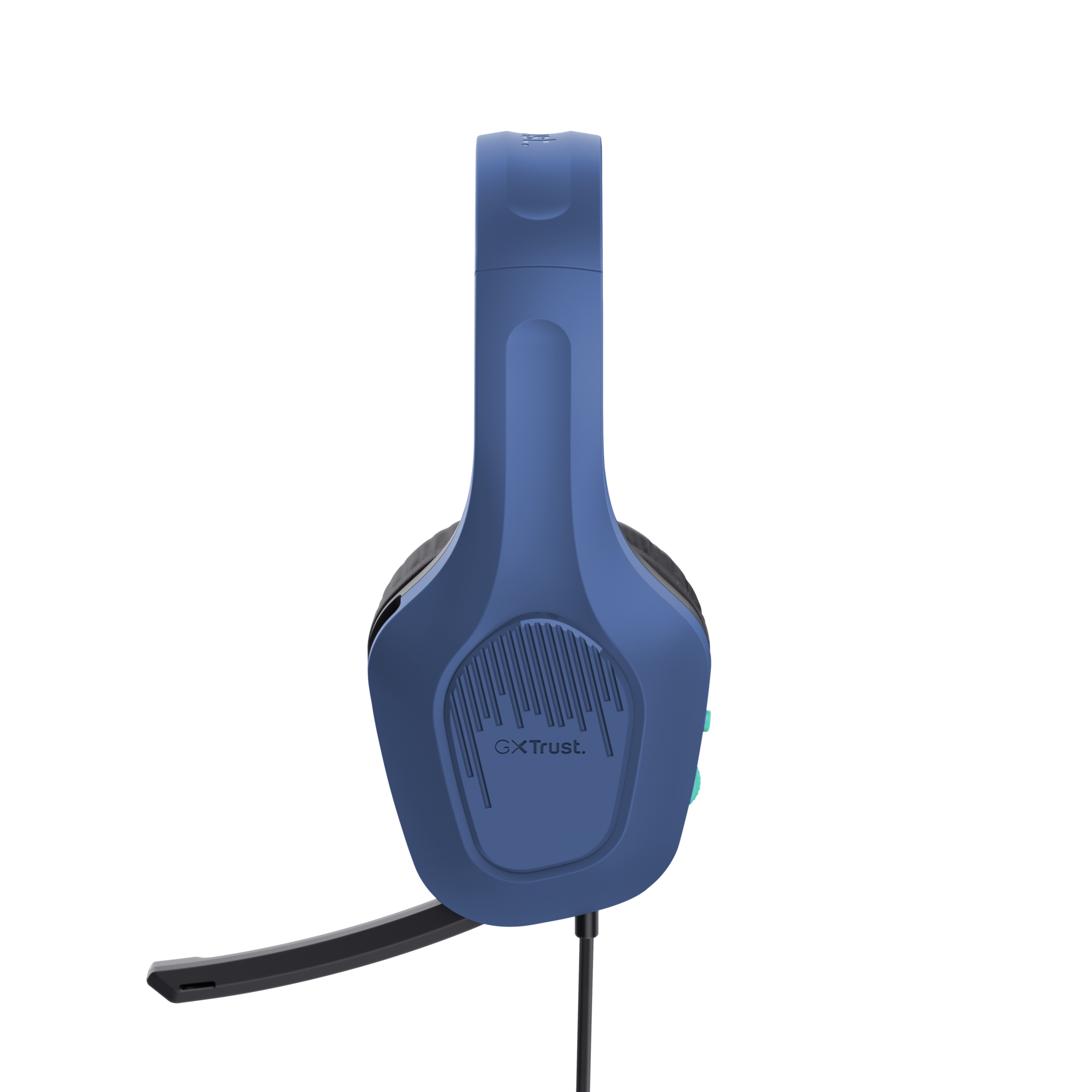 Blaues Headset mit Mikrofon, Seitenansicht.