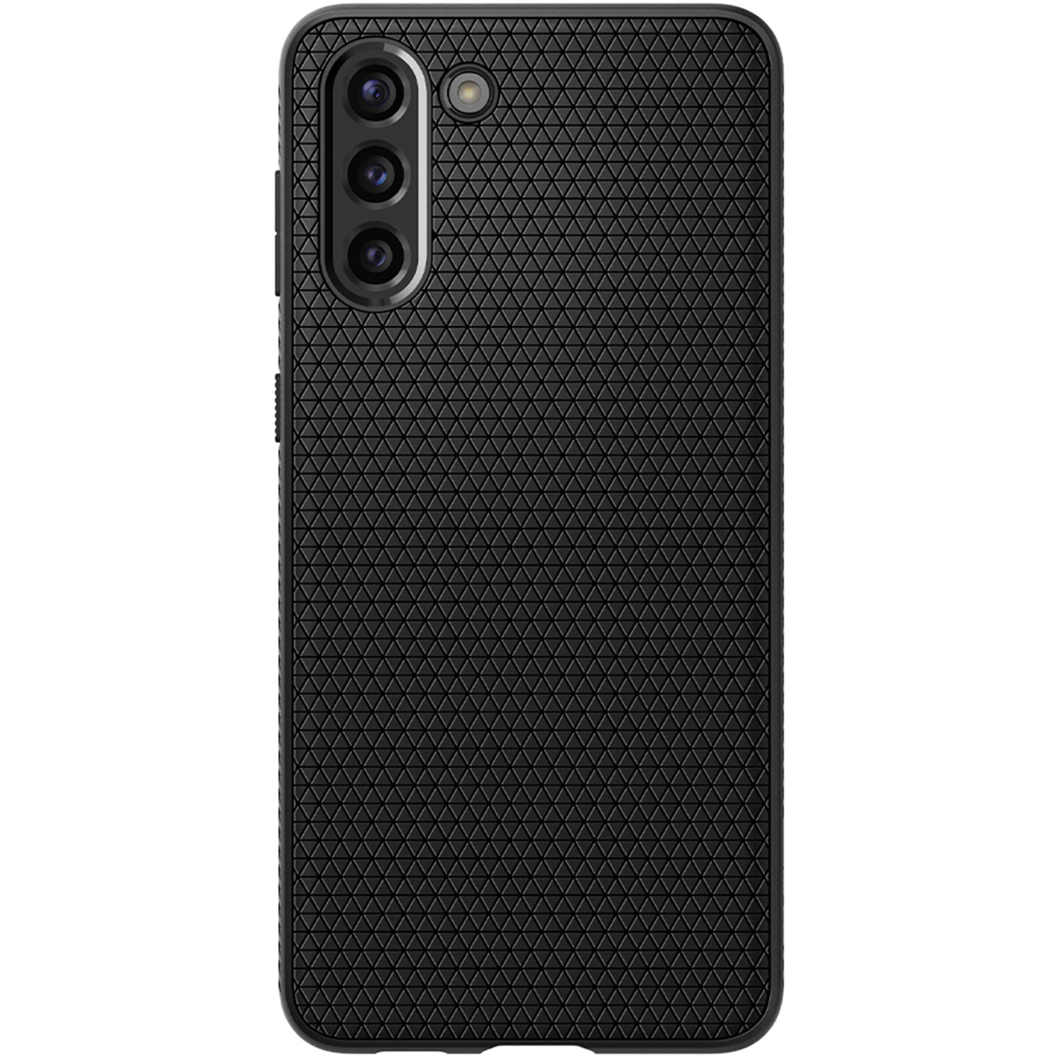 Zwarte telefoon met getextureerde achterkant en drie camera's. De telefoon ligt op een wit oppervlak.