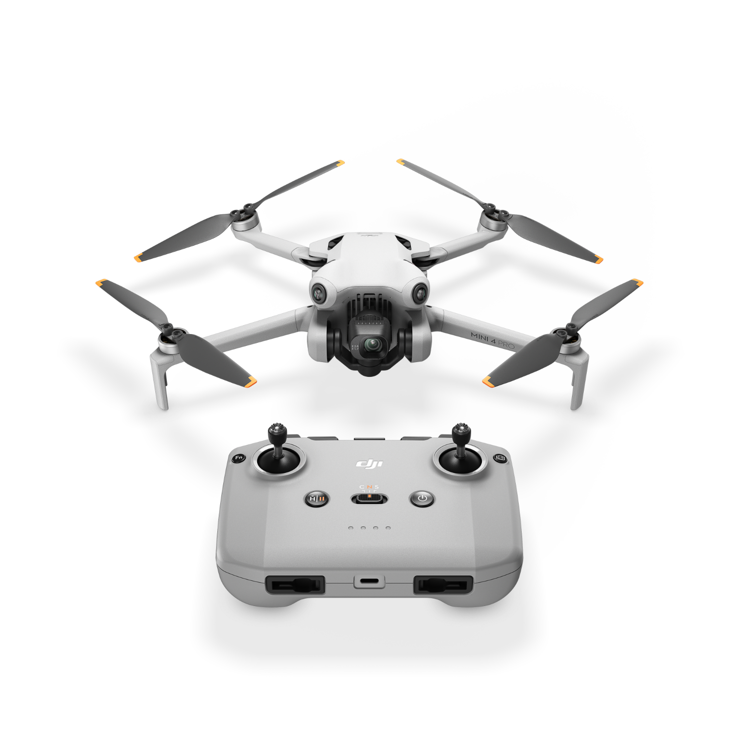 Biały dron z kontrolerem na czarnym tle. Dron ma cztery śmigła i kamerę.