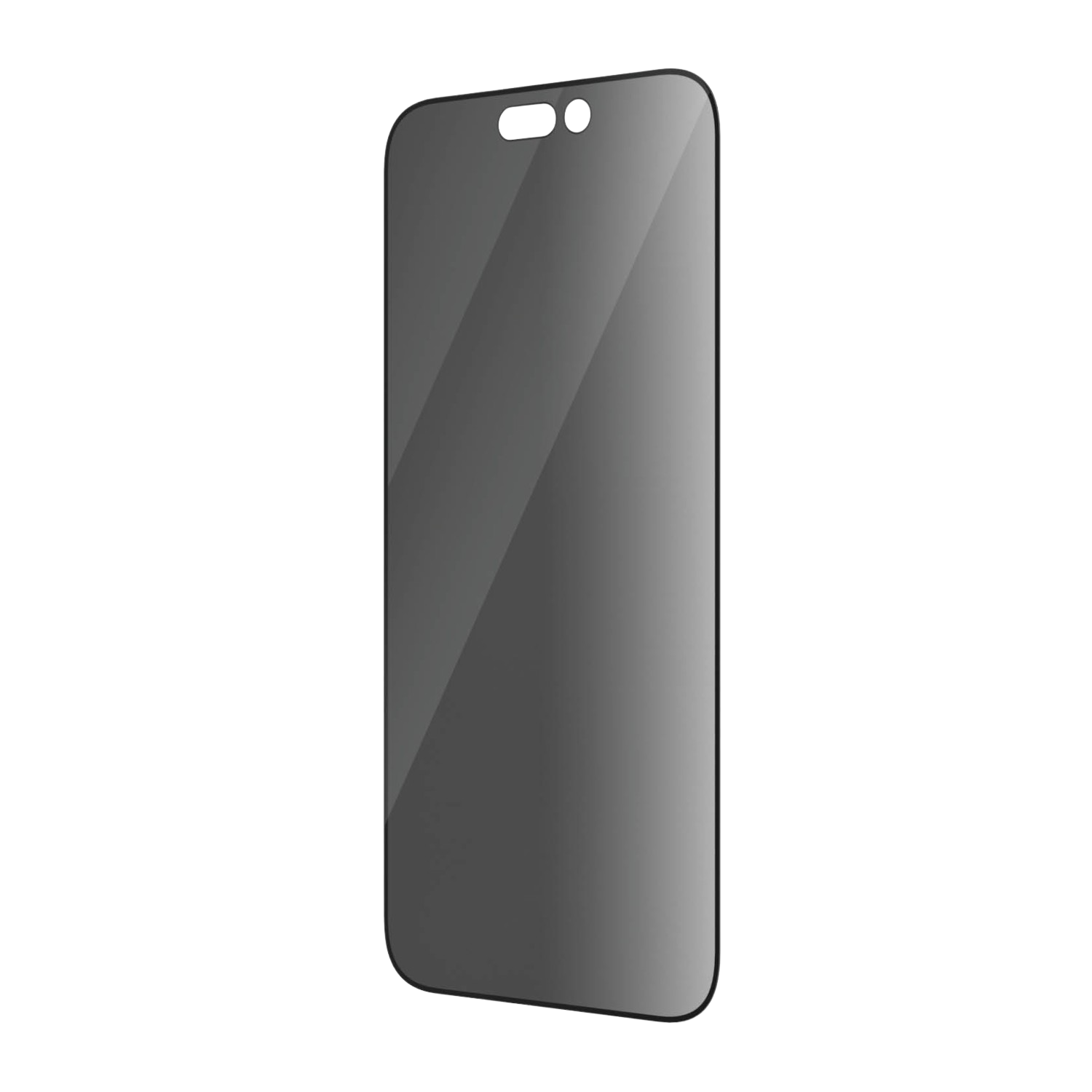 Een donkergrijze schermbeschermer voor een telefoon, getoond op een zwarte achtergrond.