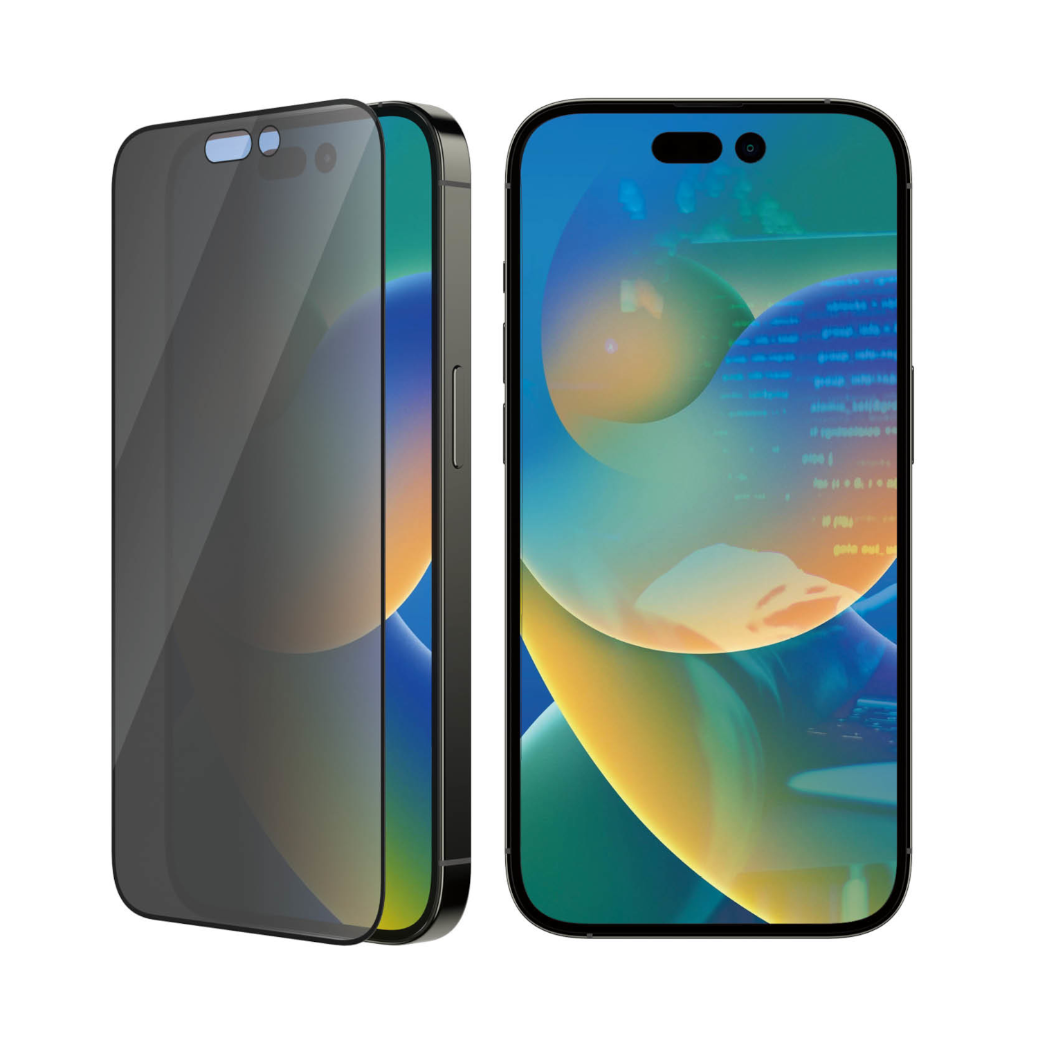 Twee afbeeldingen van een telefoon met een schermbeschermer. Telefoon is zwart. Witte achtergrond. Beschermer is donker.