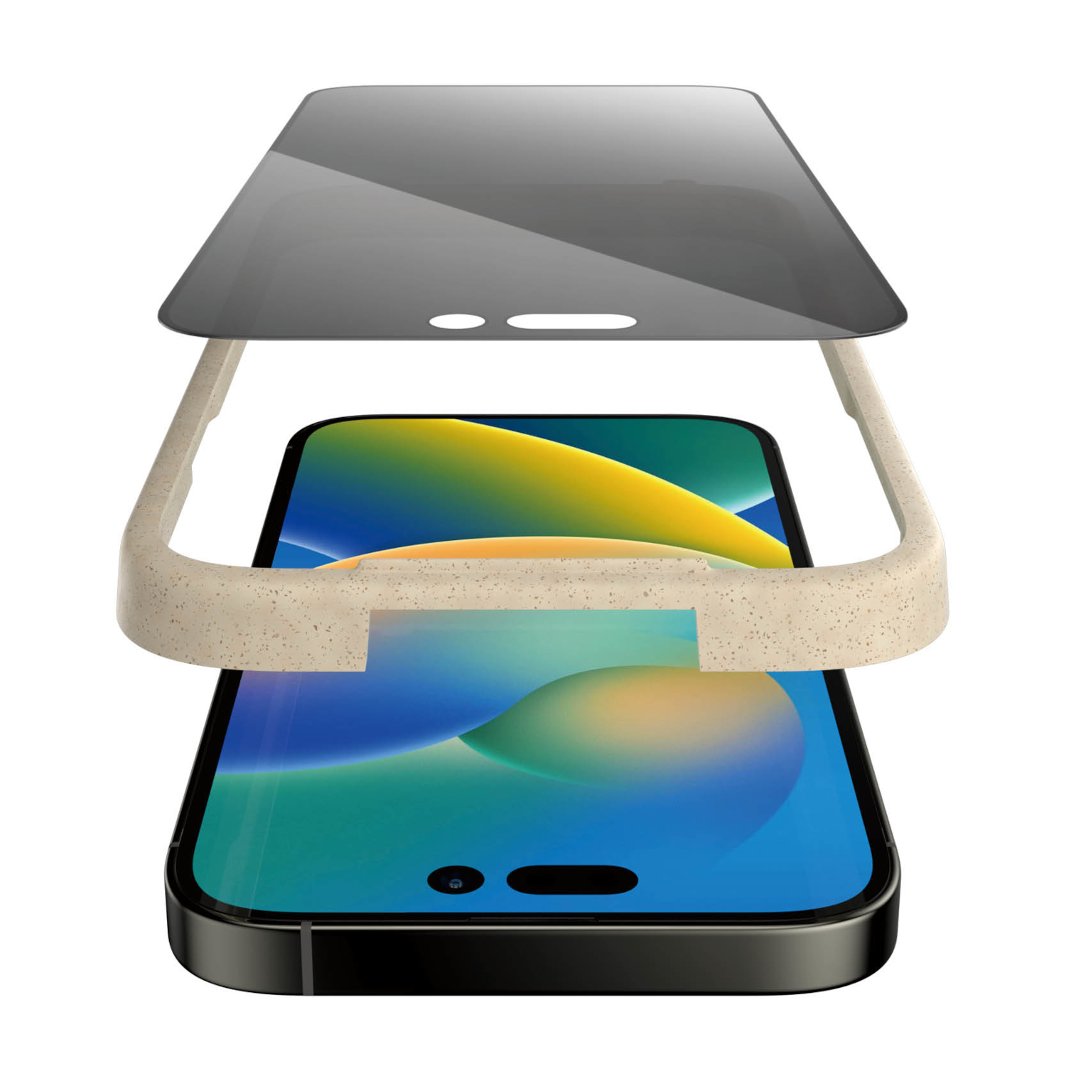 Smartphone met schermbeschermer en beige hoesje, de beschermer zit iets boven de telefoon.