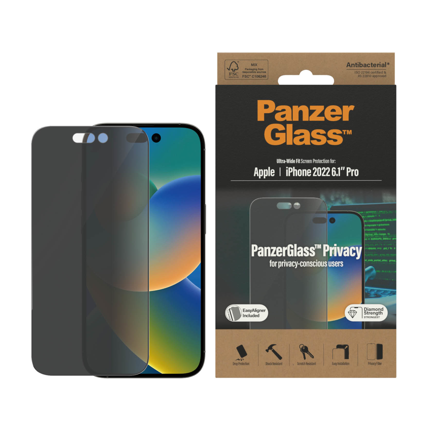 PanzerGlass screenprotector voor iPhone, met twee protectors en verpakking.