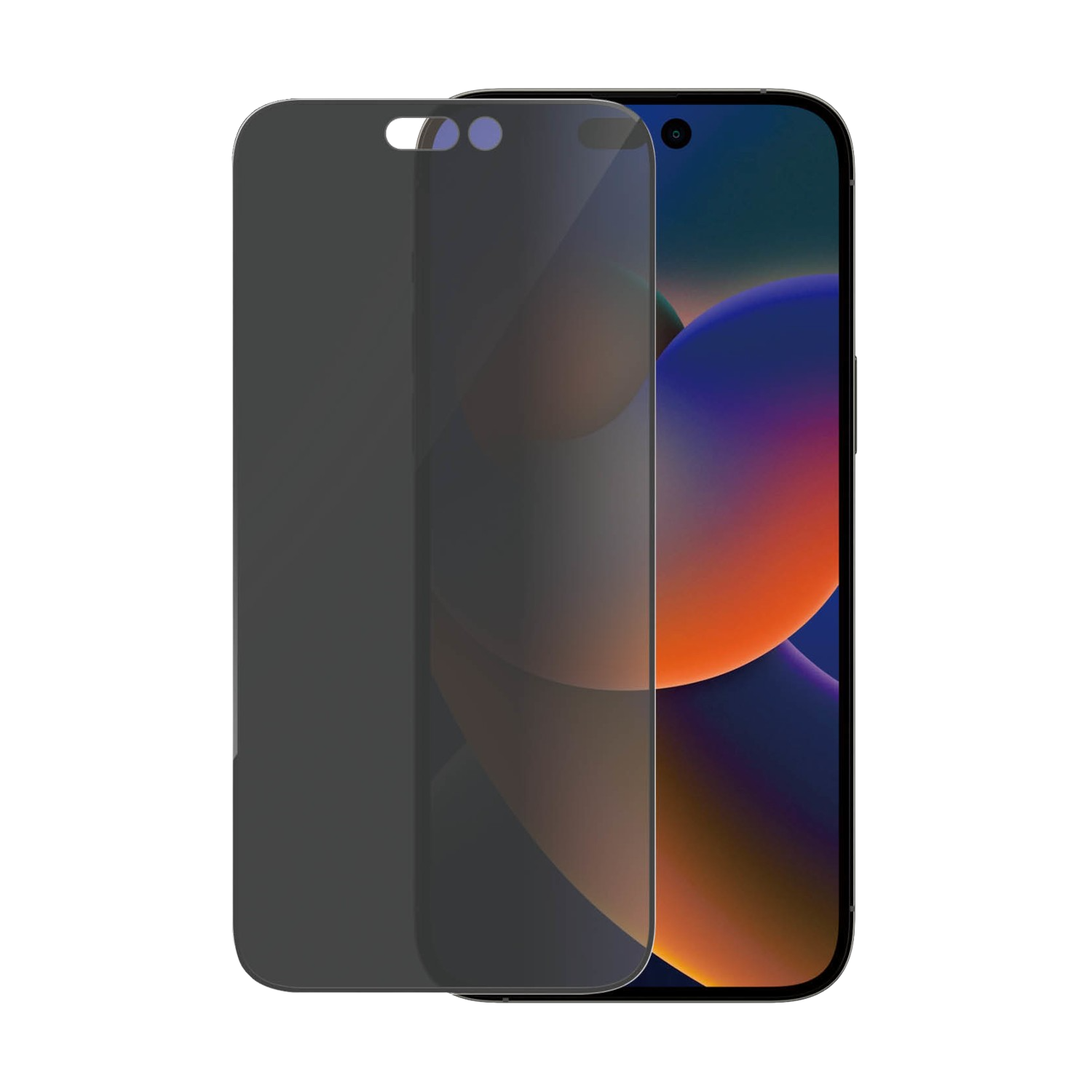 Phone with screen protector applied, showing a dark gray, privacy-focused surface.