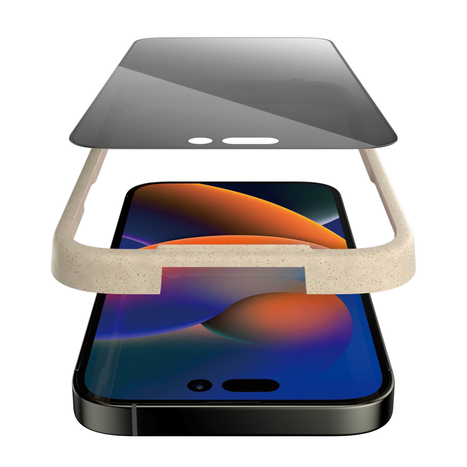 Phone case assembly, with phone and screen protector. Cream frame and black phone.