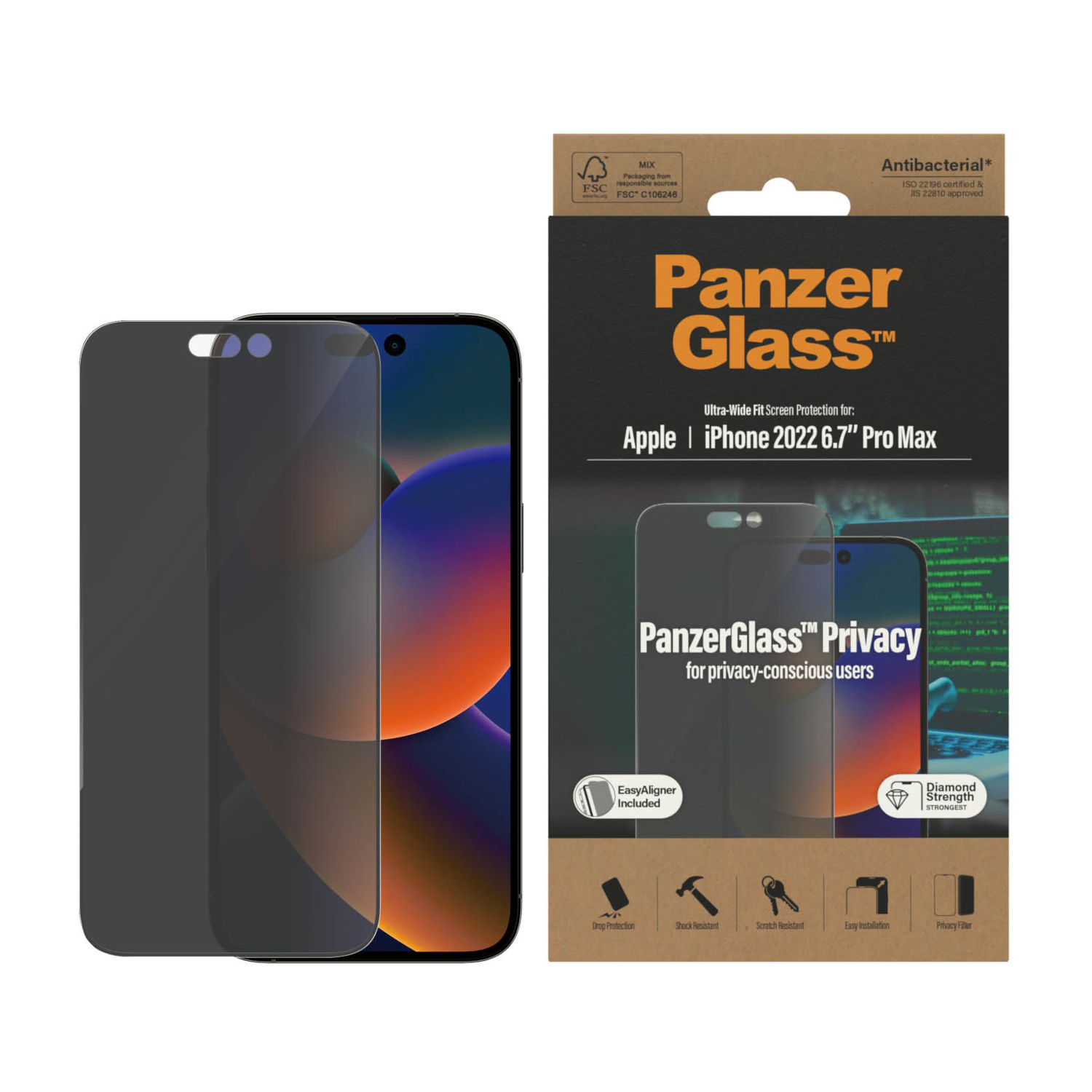 iPhone with screen protector and packaging. Packaging text: PanzerGlass, privacy screen protector for iPhone.