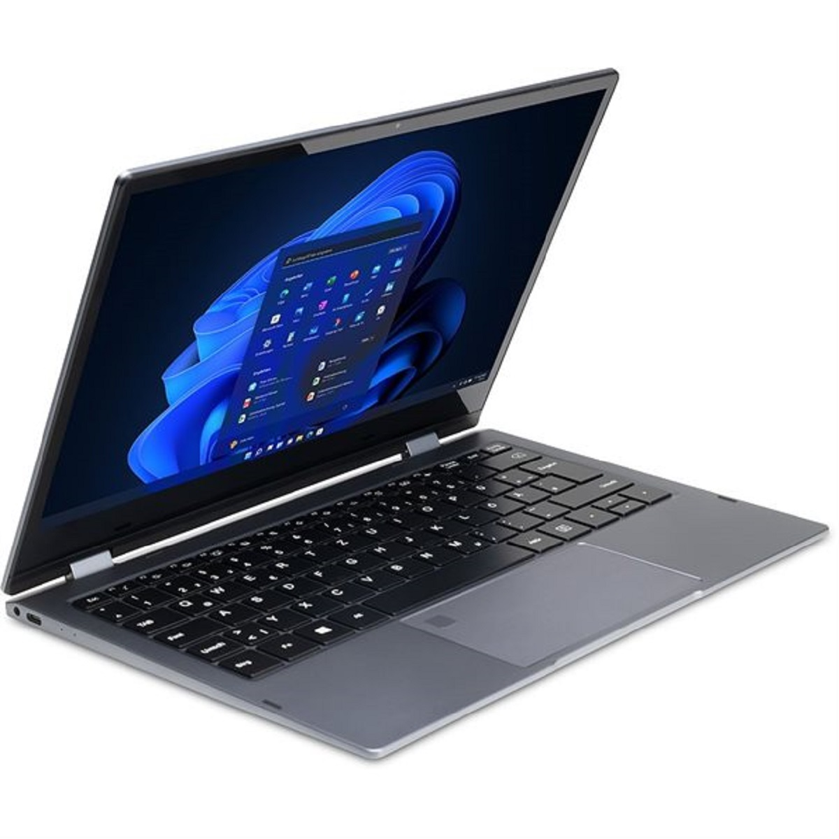 Grauer Laptop, geöffnet. Der Bildschirm zeigt eine Windows-Oberfläche. Weißer Hintergrund.