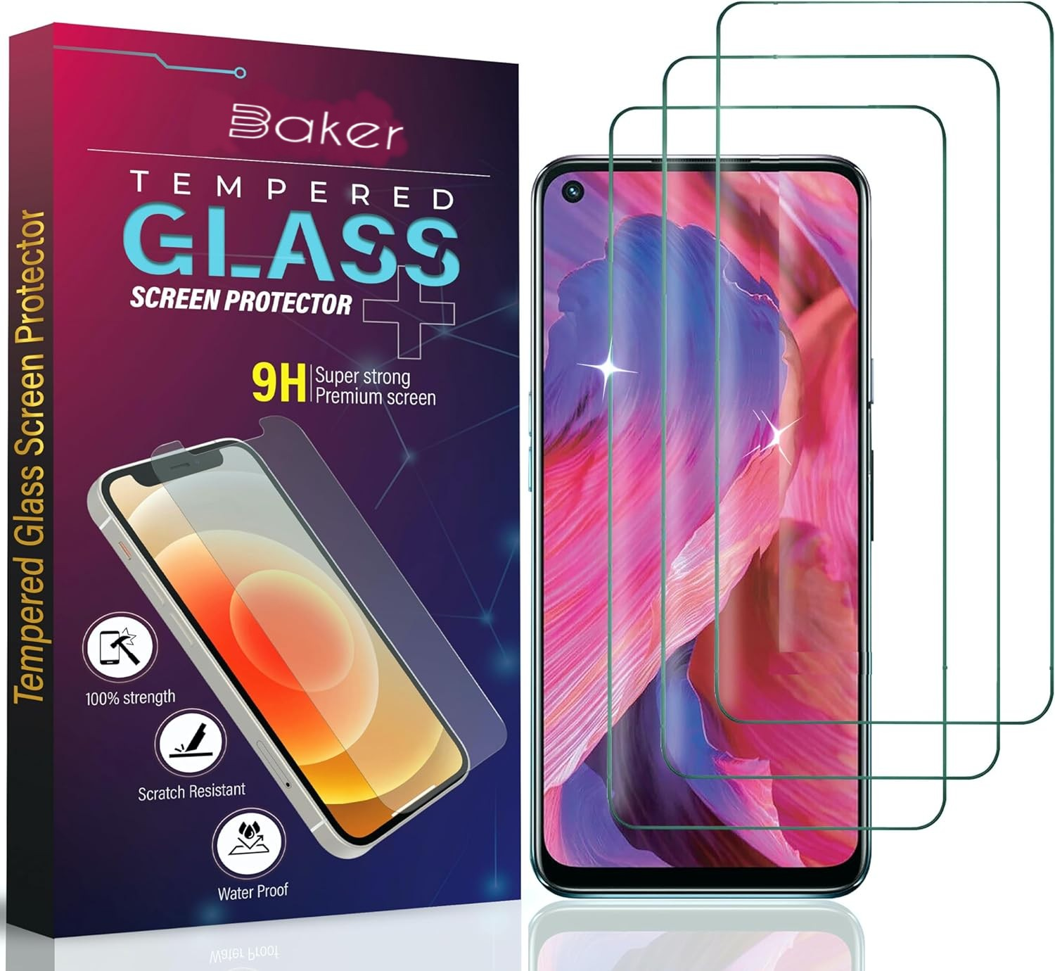 Telefon mit Displayschutz, Box. Das Telefon ist rosa mit einem Displayschutz. Auf der Box steht gehärtetes Glas.