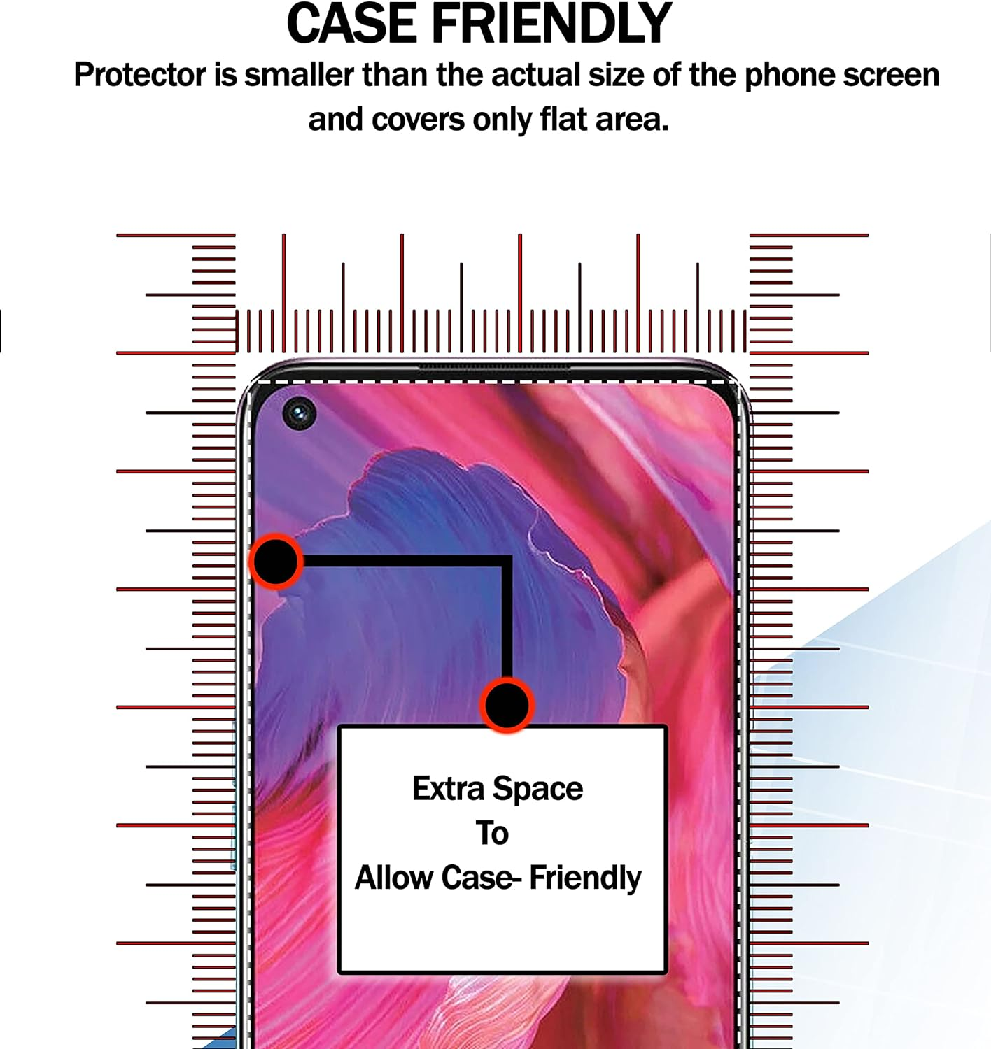 Ein Telefonbildschirm mit case-freundlichem Design, durch Messungen angezeigt.