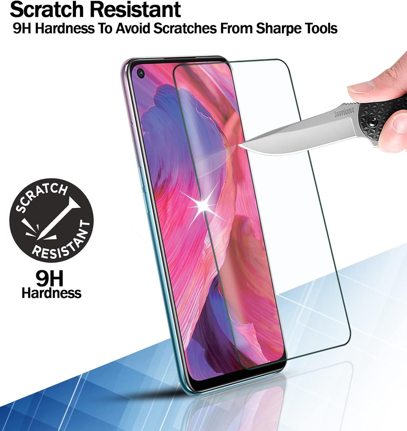 Ein Telefon mit Displayschutz wird mit einem Messer getestet. Das Telefon ist rosa. Der Schutz ist klar.