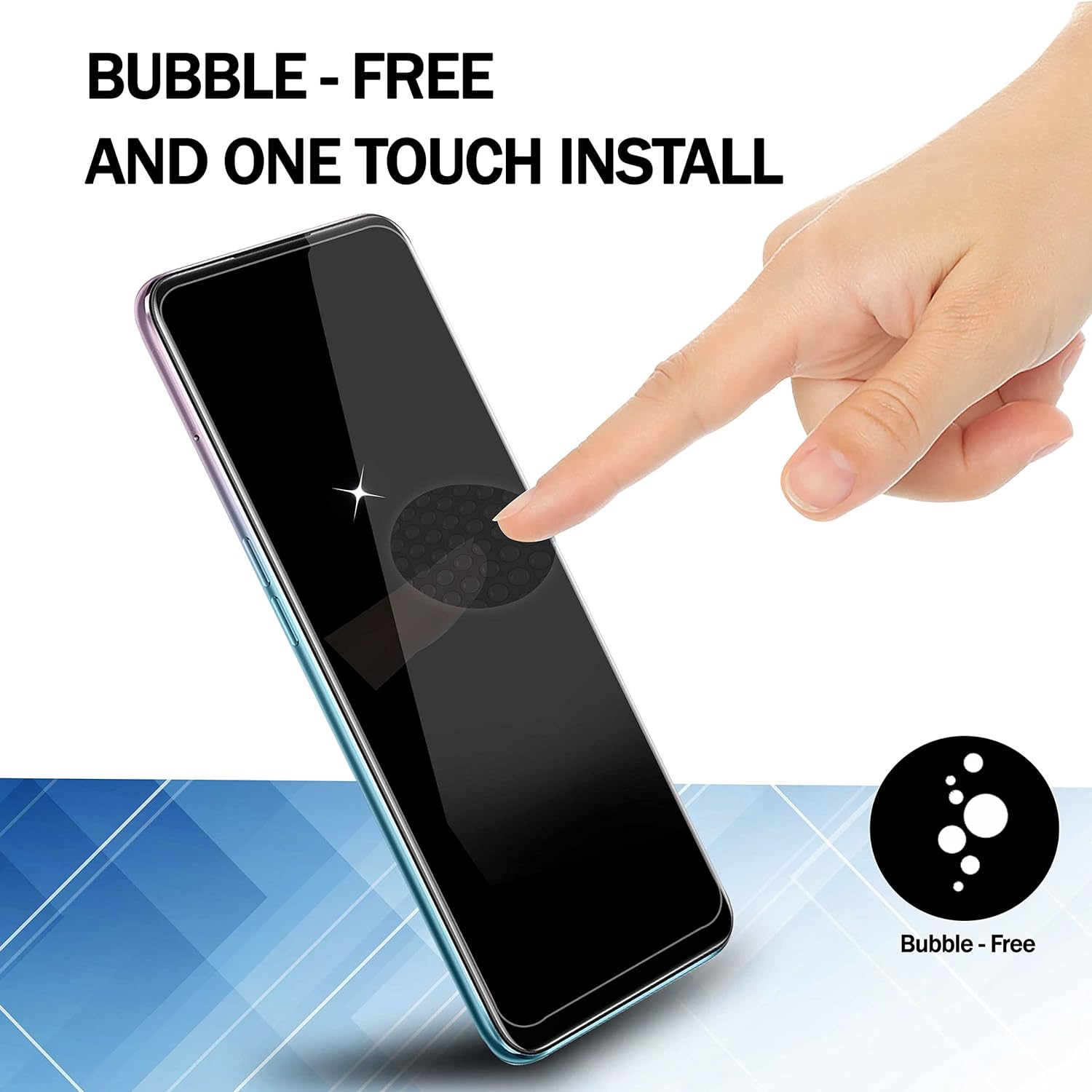Person bringt Displayschutzfolie an einem Telefon an. Text: Blasenfrei und One Touch Install.