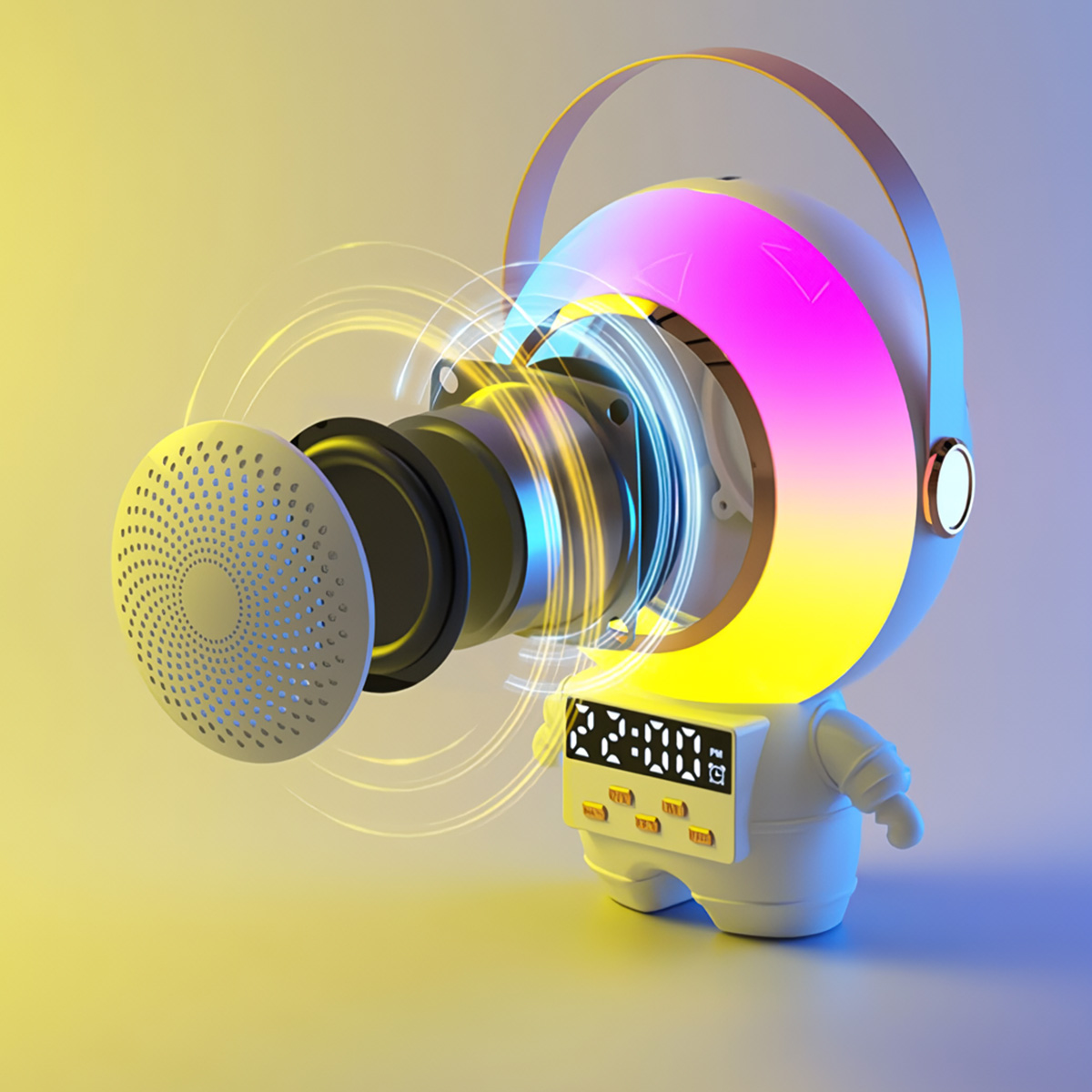 Un altavoz de astronauta animado con un altavoz y luces. El altavoz es blanco con luces coloridas.