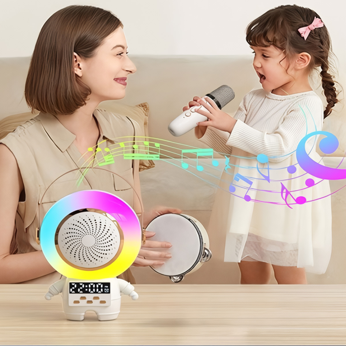Mujer y niño con altavoz y pandereta cantando. Notas musicales visibles en el aire.