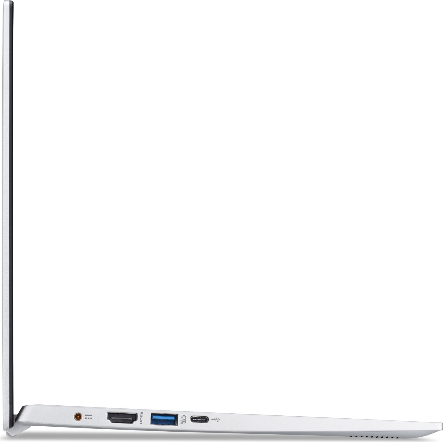 Seitenansicht eines dünnen, silbernen Laptops mit verschiedenen Anschlüssen.