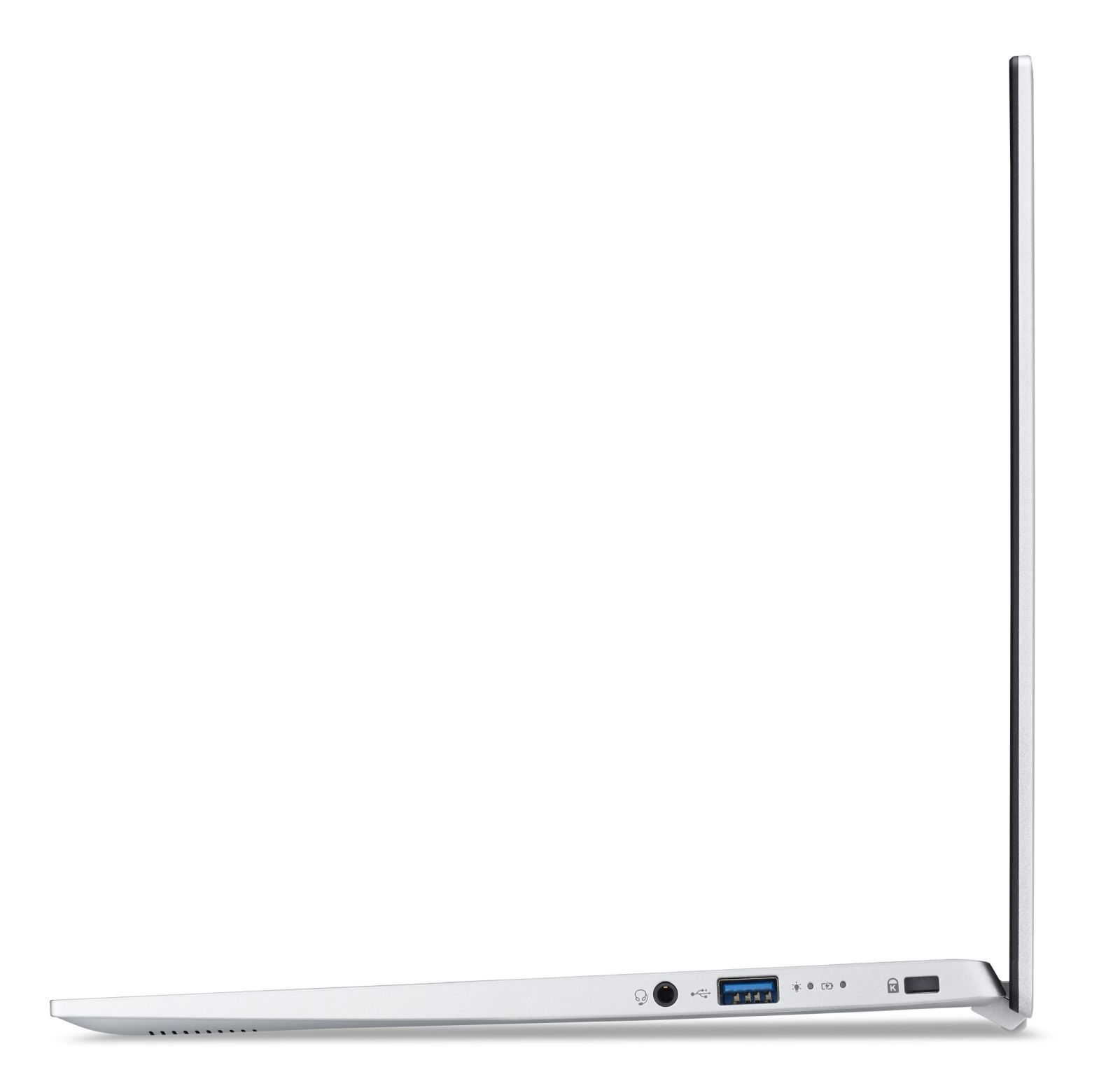 Seitenansicht eines silbernen Laptops, zeigt Anschlüsse und ein schlankes Design.