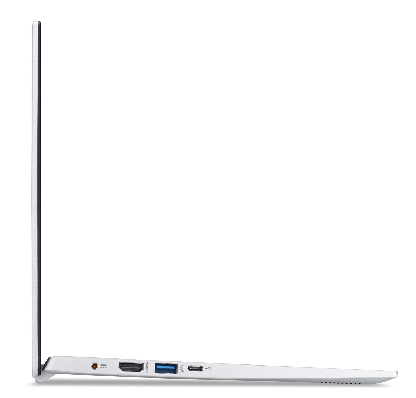 Ein weißer Laptop in Seitenansicht. Der Laptop ist schlank und hat ein paar Anschlüsse.