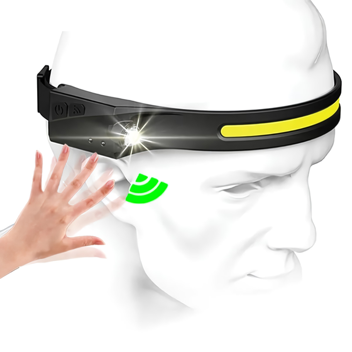 Un faro en una cabeza de maniquí. Una mano señala la luz, indicando la activación.