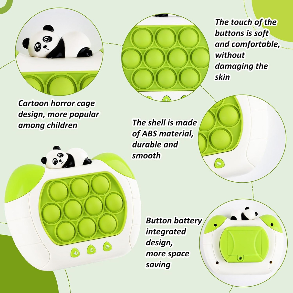 Un juguete verde y blanco con una superficie pop-it y un diseño de panda, con descripciones de texto alrededor.