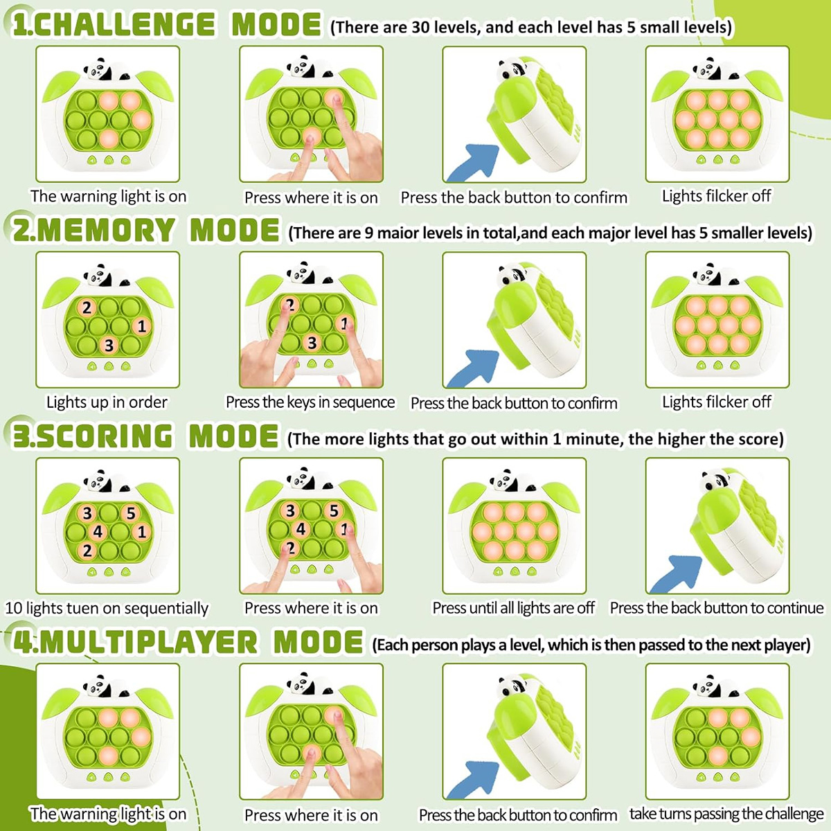 Un juguete con botones en forma de panda e instrucciones para diferentes modos de juego.