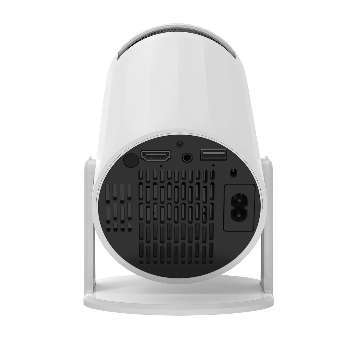 Un proyector cilíndrico blanco con varios puertos en la parte trasera, sobre un soporte blanco.