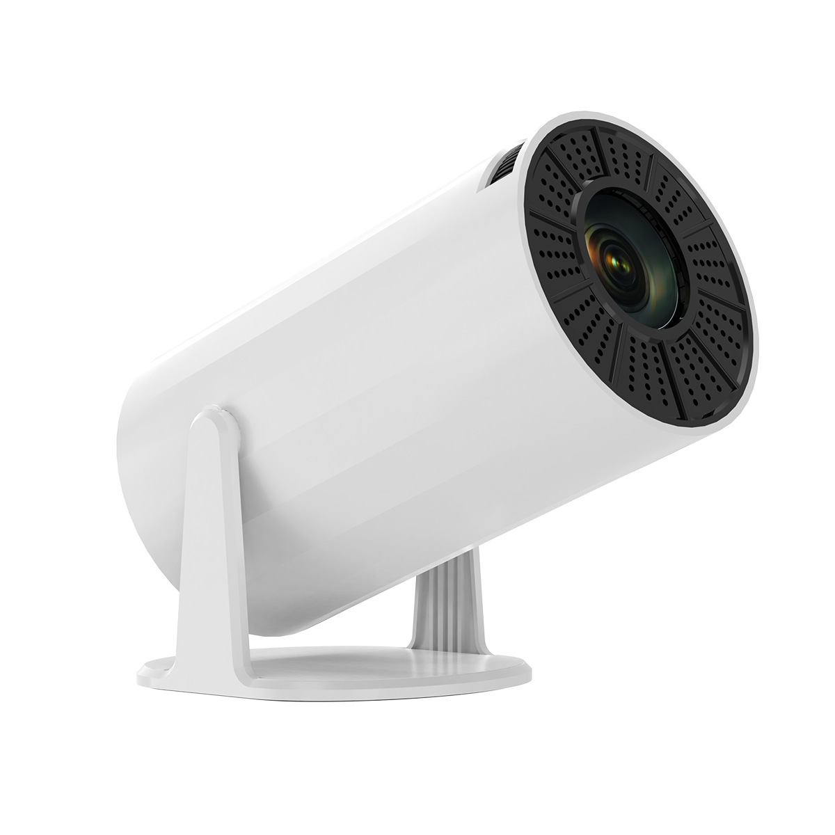 Un proyector blanco está inclinado hacia arriba. Es cilíndrico con una parte frontal de malla negra y se apoya en un soporte.