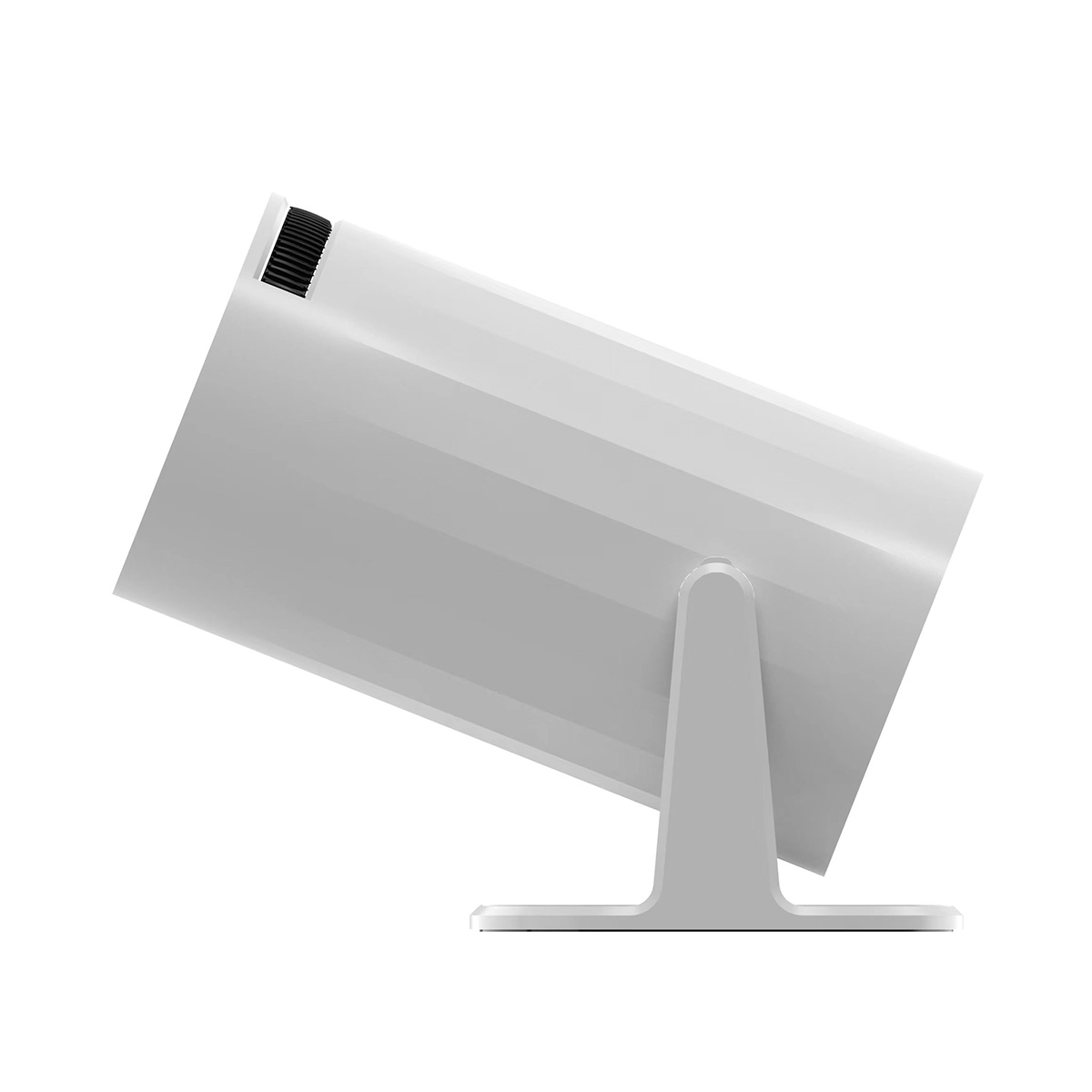 Un proyector blanco, ligeramente inclinado de lado, sobre un fondo blanco.