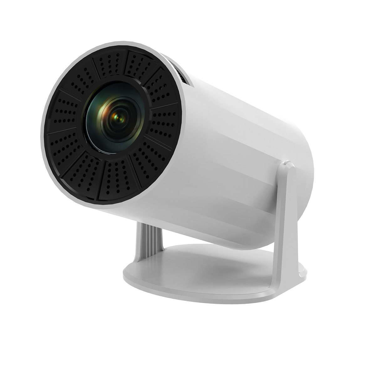 Proyector cilíndrico blanco, lente visible, en ángulo sobre un soporte.