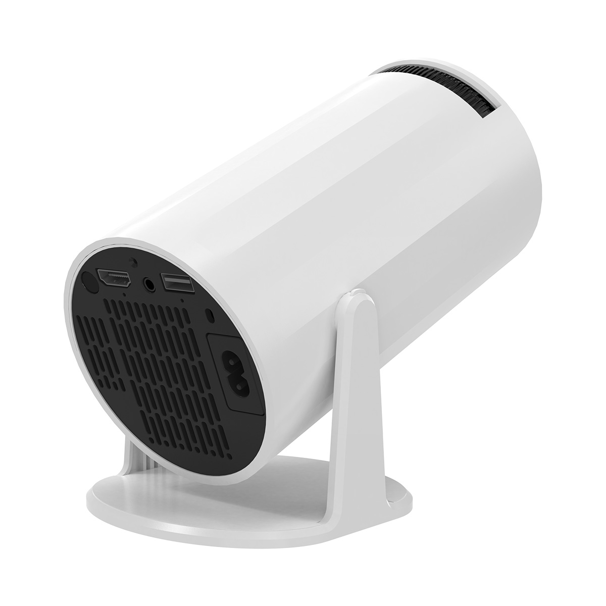 Un proyector cilíndrico blanco en ángulo, mostrando puertos y una rejilla negra. Está sobre un soporte blanco.