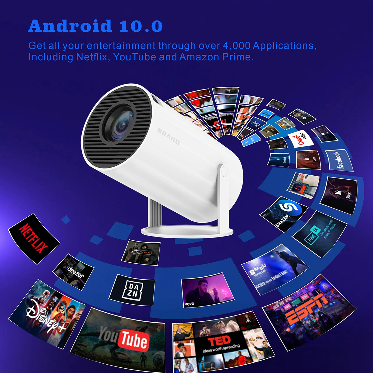 Proyector blanco mostrando iconos de aplicaciones y fondo azul.