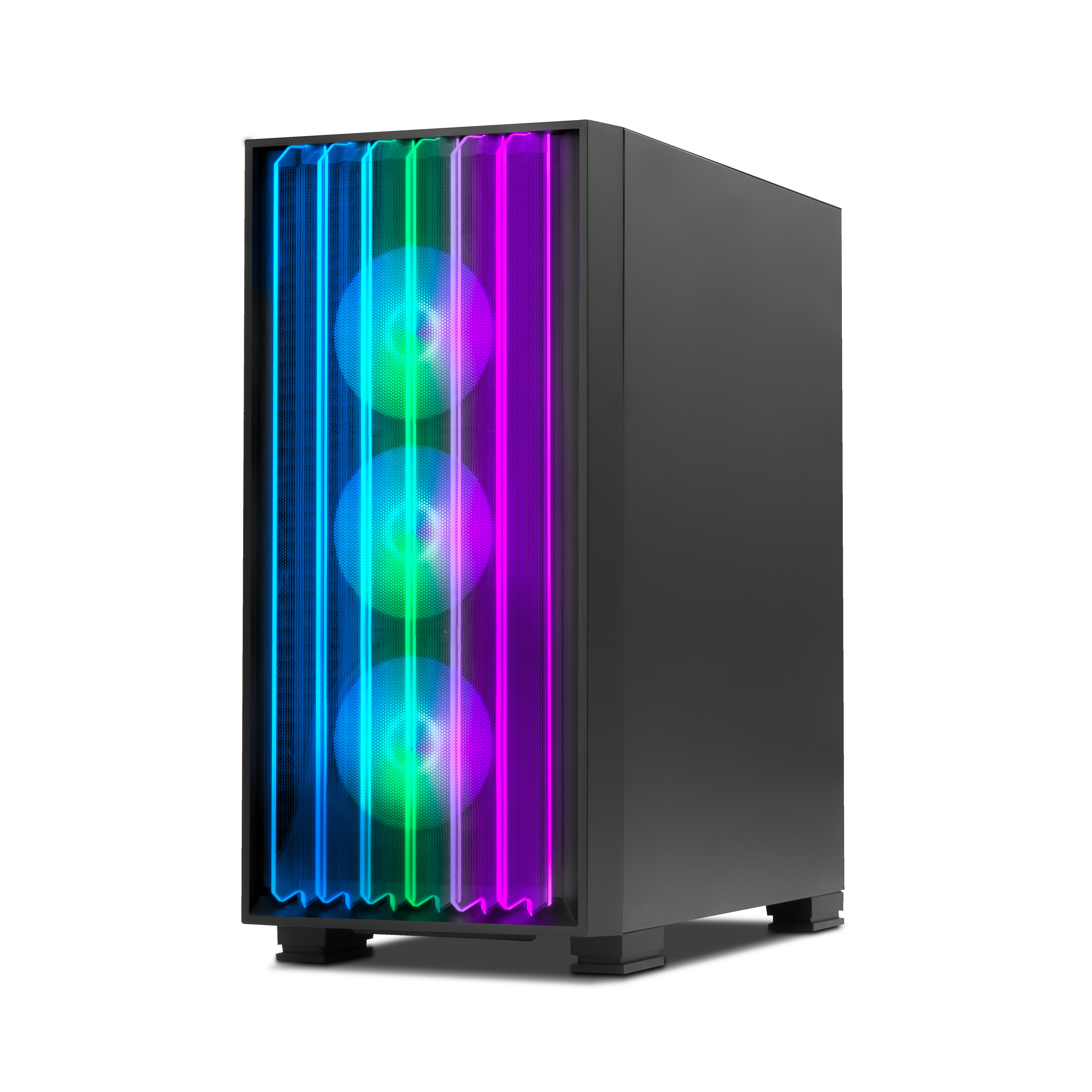 Un case per computer nero con luci colorate sulla parte anteriore.