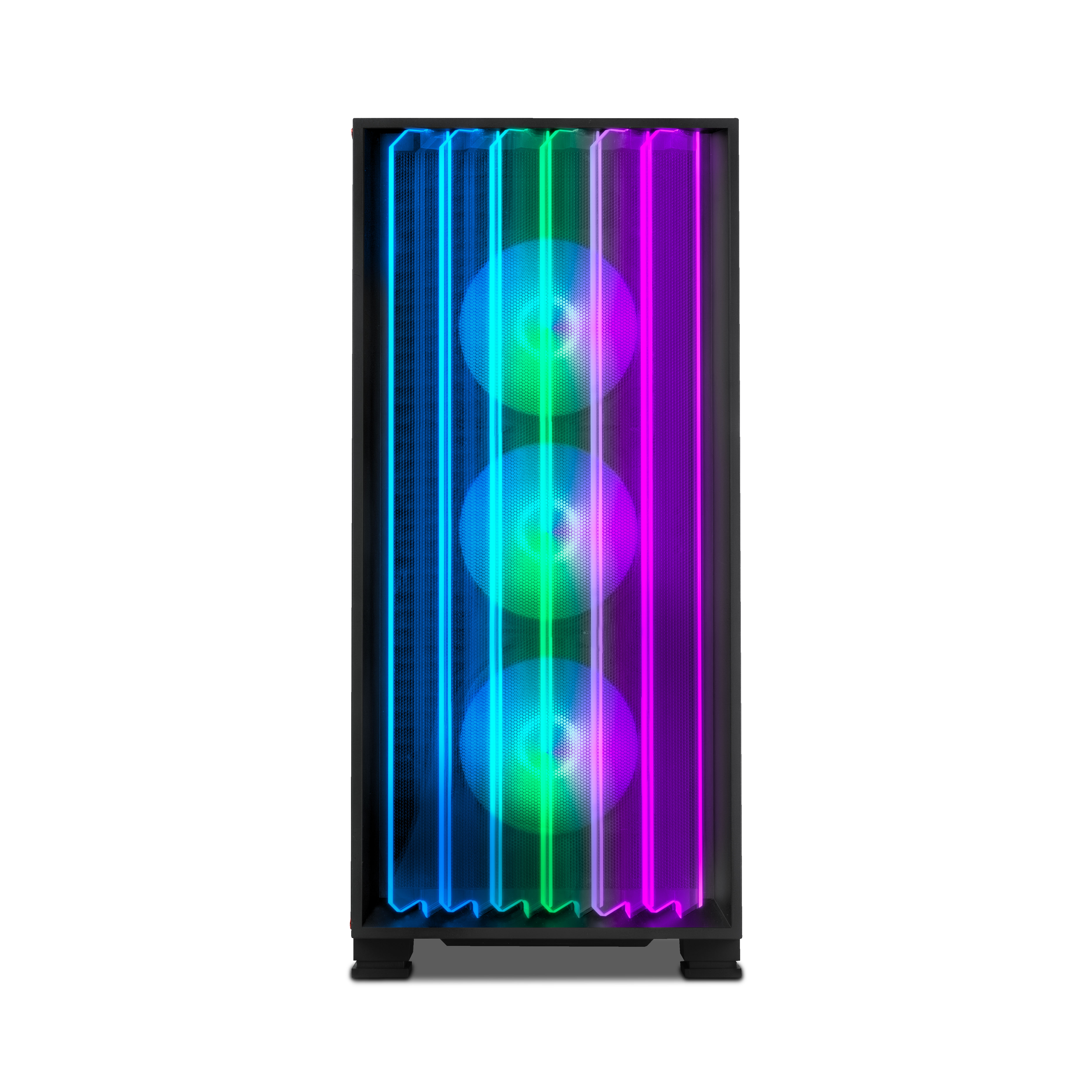 Un case per computer con tre ventole colorate luminose.