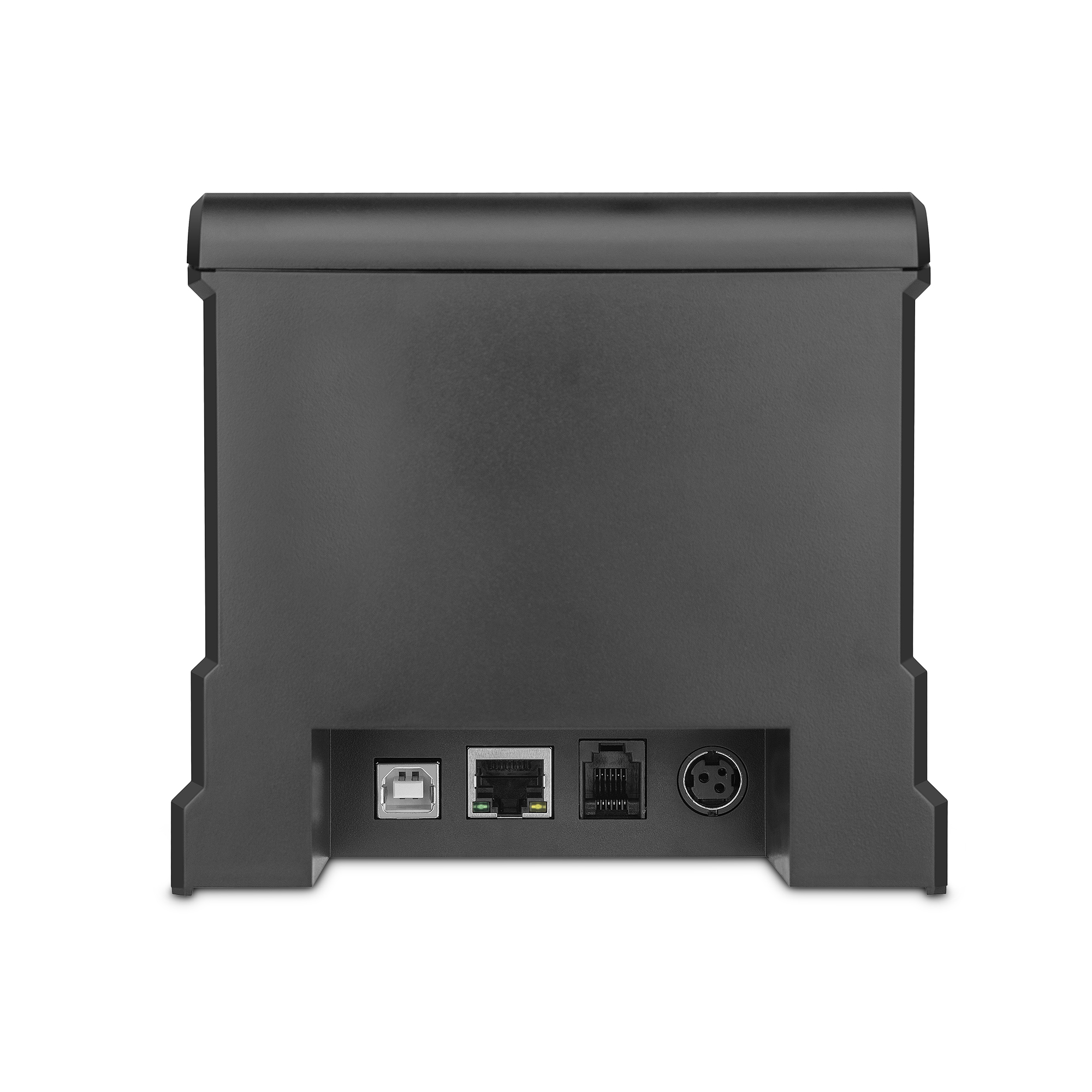 La parte trasera de un dispositivo negro con puertos USB, Ethernet y micrófono.