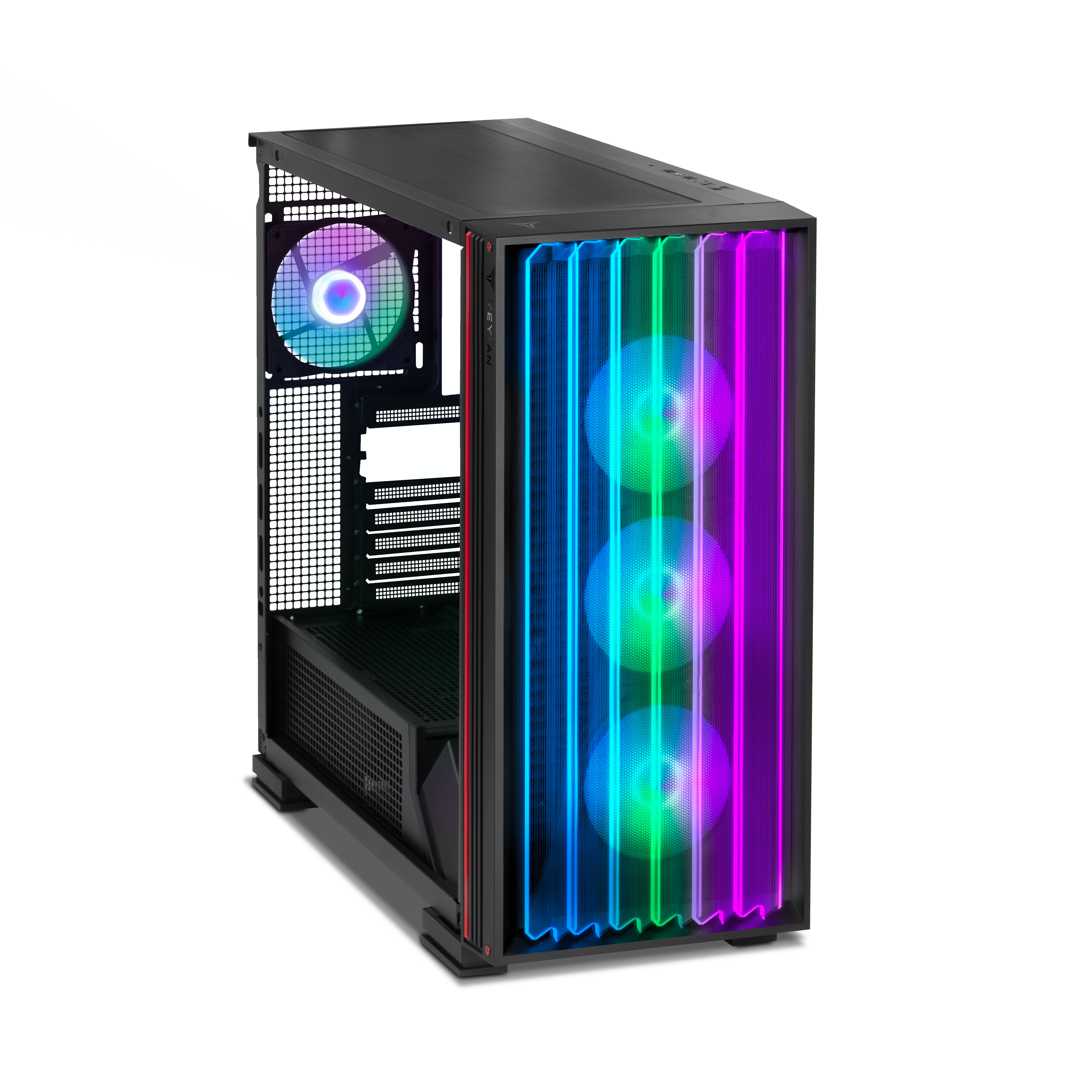 Un case per computer con luci RGB. La parte anteriore ha tre linee verticali di luci colorate.
