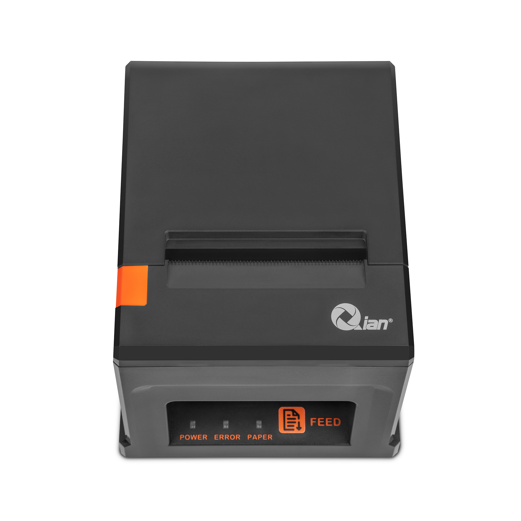 Una impresora térmica negra con un acento naranja. La impresora tiene una luz de encendido, error y papel.